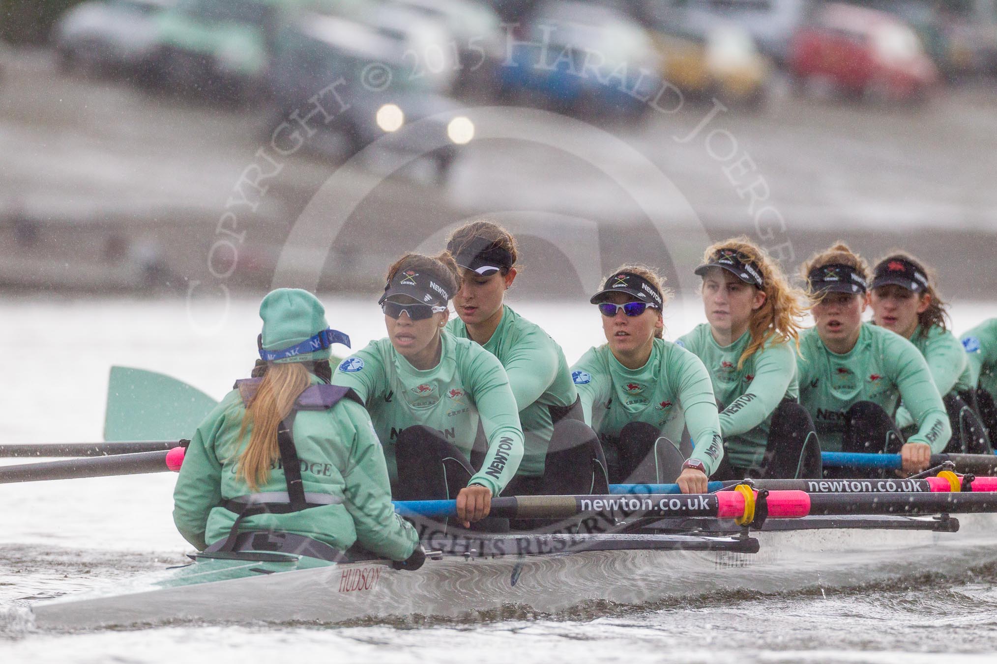 The Boat Race season 2016 - Women's Boat Race Trial Eights (CUWBC, Cambridge): "Tideway" during the race at the boathouses, cox-Olivia Godwin, stroke-Daphne Martschenko, 7-Thea Zabell, 6-Alexandra Wood, 5-Lucy Pike, 4-Alice Jackson, 3-Rachel Elwood.
River Thames between Putney Bridge and Mortlake,
London SW15,

United Kingdom,
on 10 December 2015 at 11:04, image #48