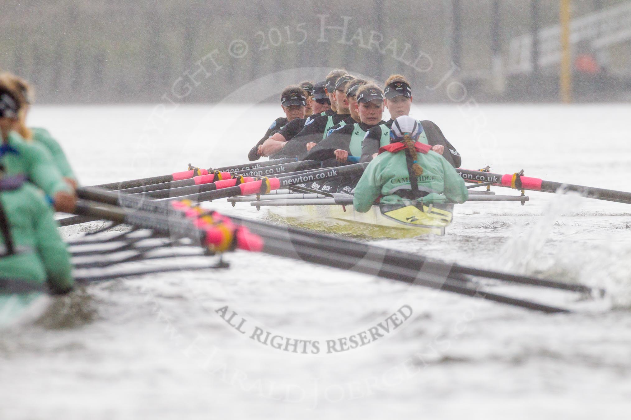 The Boat Race season 2016 - Women's Boat Race Trial Eights (CUWBC, Cambridge): "Twickenham" in the lead at Fulham Reach, seen behind the oars of "Tideway".
River Thames between Putney Bridge and Mortlake,
London SW15,

United Kingdom,
on 10 December 2015 at 11:08, image #72