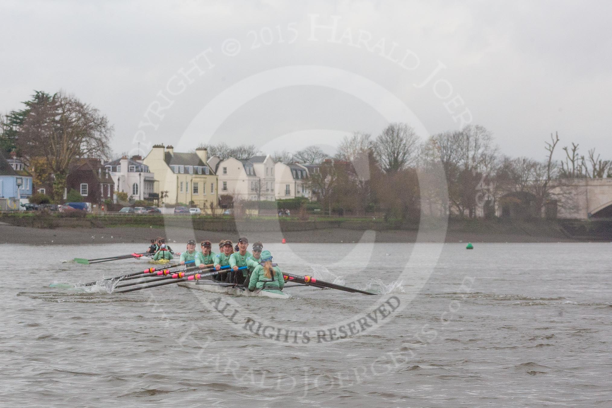 The Boat Race season 2016 - Women's Boat Race Trial Eights (CUWBC, Cambridge): "Twickenham" on the last 100 yards before reaching the finish line at Chiswick Bridge, with "Tideway" trailing behind.
River Thames between Putney Bridge and Mortlake,
London SW15,

United Kingdom,
on 10 December 2015 at 11:22, image #116
