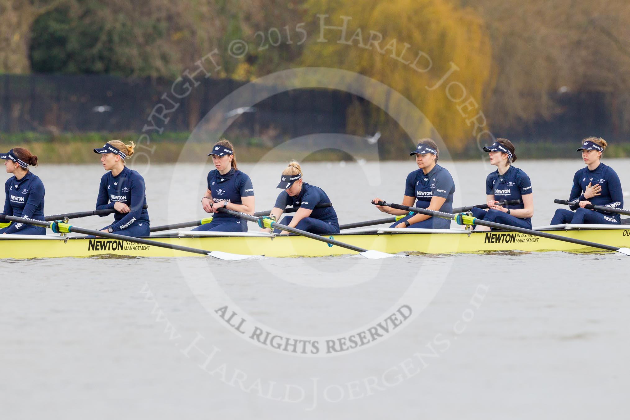 The Boat Race season 2016 - Women's Boat Race Trial Eights (OUWBC, Oxford): "Charybdis" waiting for the start of the race, here 7-Maddy Badcott, 6-Elo Luik, 5-Ruth Siddorn, 4-Emma Spruce, 3-Lara Pysden, 2-Christina Fleischer, bow-Georgie Daniell.
River Thames between Putney Bridge and Mortlake,
London SW15,

United Kingdom,
on 10 December 2015 at 12:15, image #125