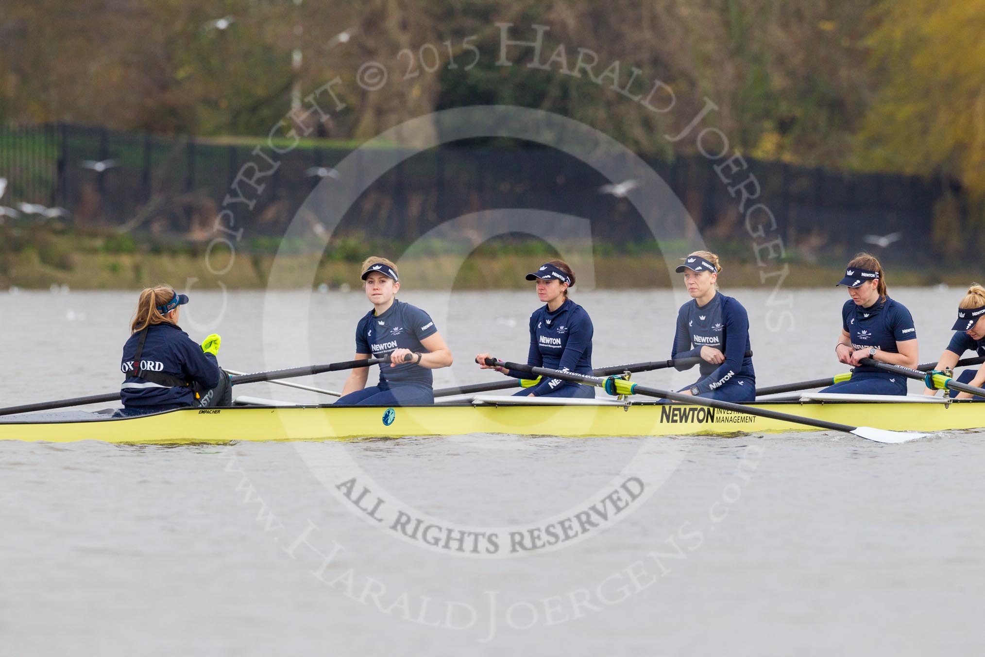 The Boat Race season 2016 - Women's Boat Race Trial Eights (OUWBC, Oxford): "Charybdis" waiting for the start of the race, here cox-Morgan Baynham-Williams, stroke-Kate Erickson, 7-Maddy Badcott, 6-Elo Luik, 5-Ruth Siddorn, 4-Emma Spruce.
River Thames between Putney Bridge and Mortlake,
London SW15,

United Kingdom,
on 10 December 2015 at 12:15, image #126