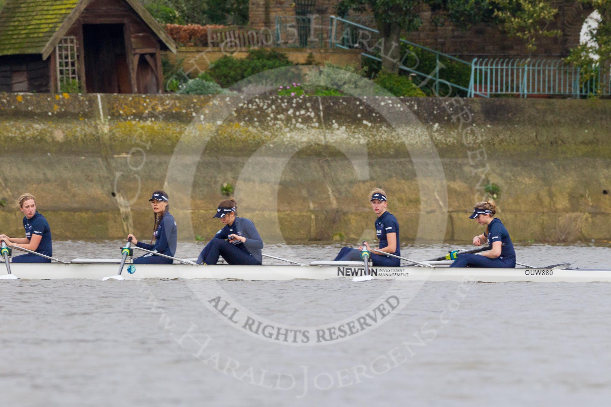 The Boat Race season 2016 - Women's Boat Race Trial Eights (OUWBC, Oxford): "Scylla" waiting for the start of the race, here 5-Anastasia Chitty, 4-Rebecca Te Water Naude, 3-Elettra Ardissino, 2-Merel Lefferts, bow-Issy Dodds.
River Thames between Putney Bridge and Mortlake,
London SW15,

United Kingdom,
on 10 December 2015 at 12:15, image #127