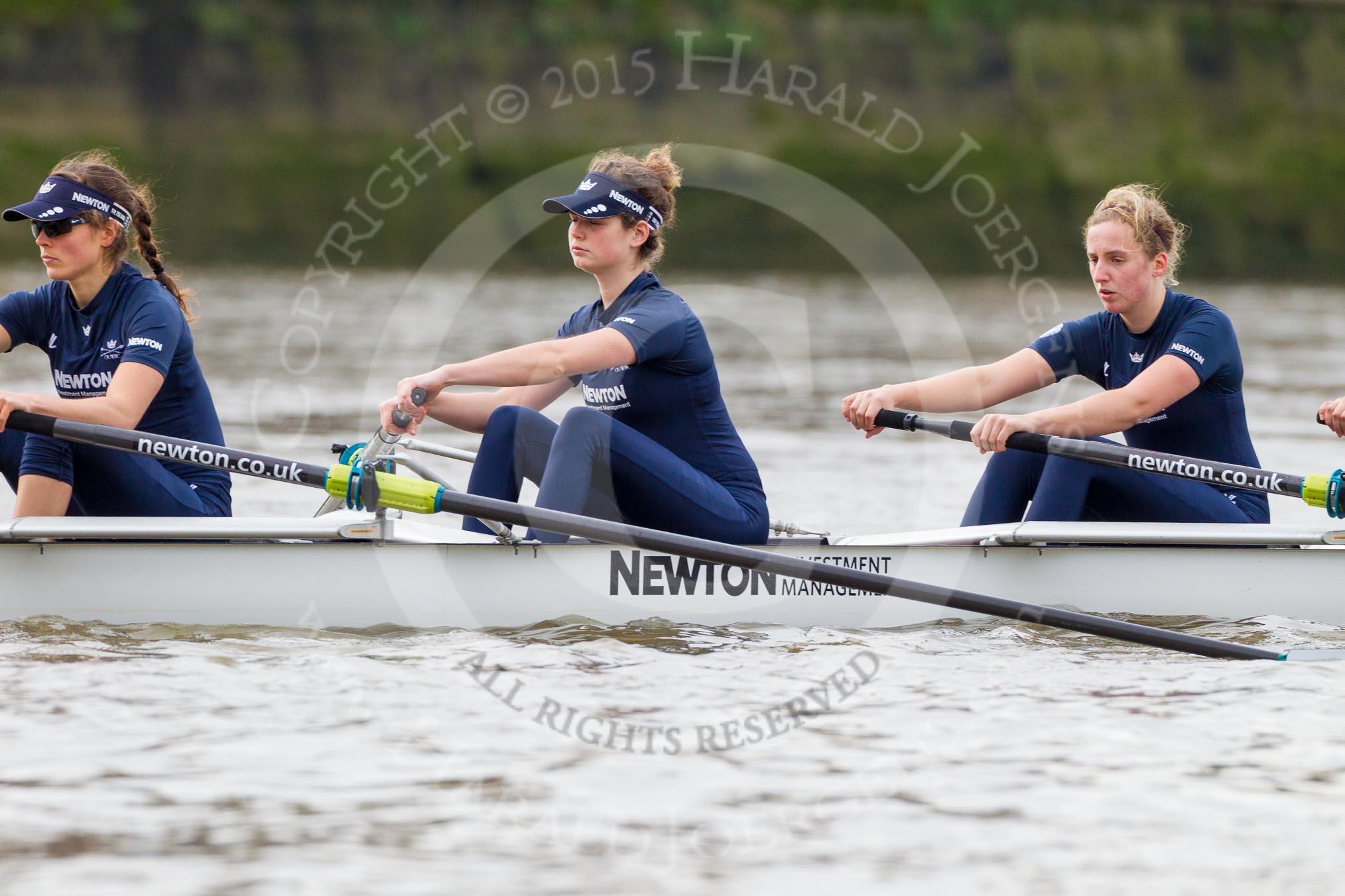 The Boat Race season 2016 - Women's Boat Race Trial Eights (OUWBC, Oxford): "Scylla" ready for the start of the race, here 7-Lauren Kedar, 6-Joanne Jansen, 5-Anastasia Chitty.
River Thames between Putney Bridge and Mortlake,
London SW15,

United Kingdom,
on 10 December 2015 at 12:18, image #131