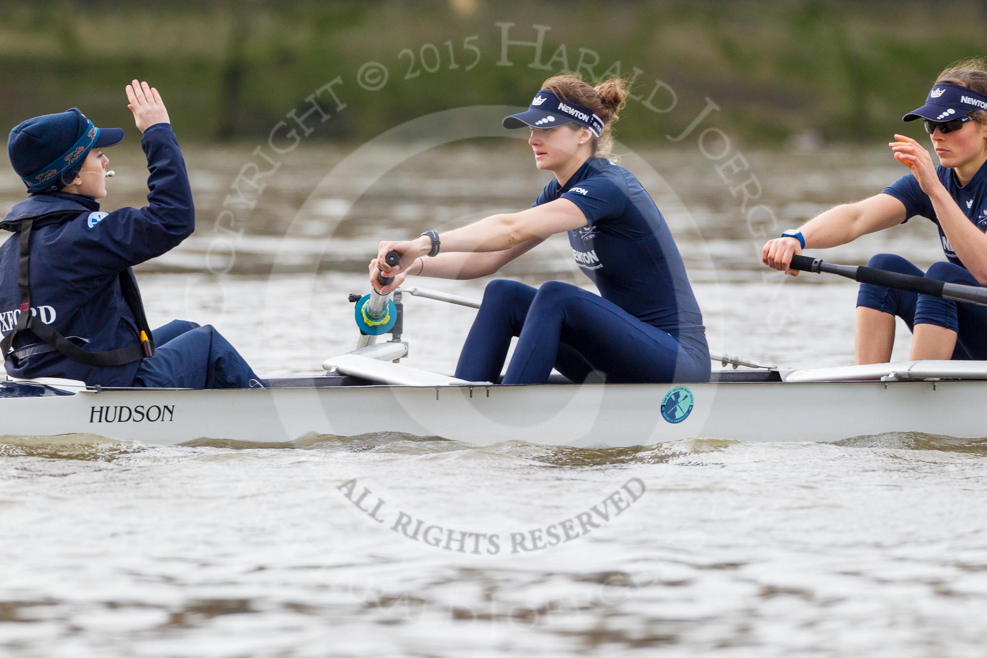The Boat Race season 2016 - Women's Boat Race Trial Eights (OUWBC, Oxford): "Scylla" ready for the start of the race, here cox-Antonia Stutter, stroke-Emma Lukasiewicz, 7-Lauren Kedar.
River Thames between Putney Bridge and Mortlake,
London SW15,

United Kingdom,
on 10 December 2015 at 12:18, image #132