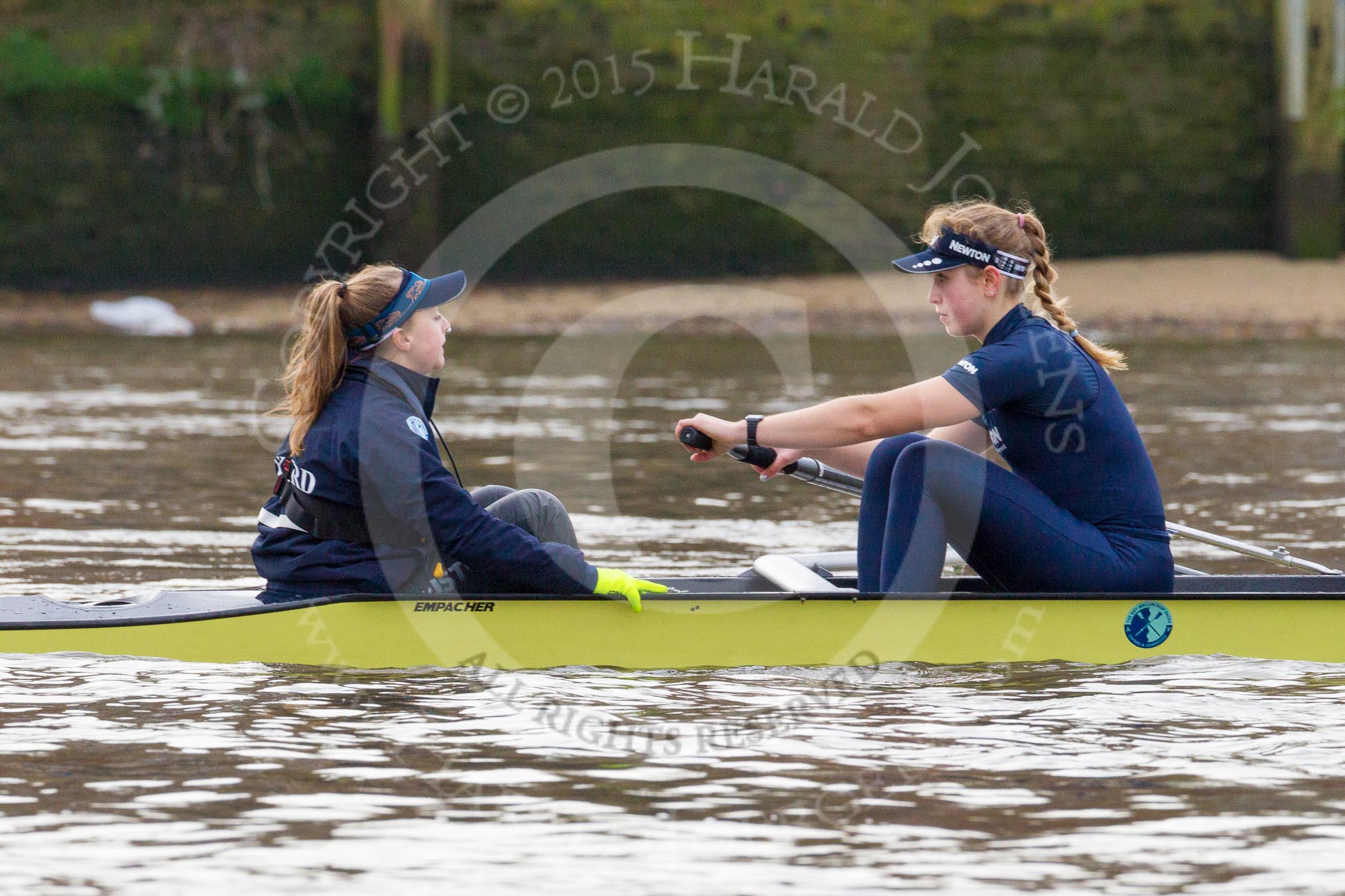 The Boat Race season 2016 - Women's Boat Race Trial Eights (OUWBC, Oxford): "Charybdis" ready for the start of the race, here cox-Morgan Baynham-Williams, stroke-Kate Erickson.
River Thames between Putney Bridge and Mortlake,
London SW15,

United Kingdom,
on 10 December 2015 at 12:18, image #136