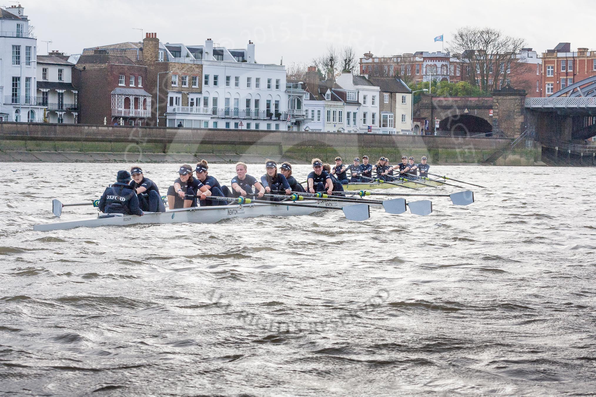 The Boat Race season 2016 - Women's Boat Race Trial Eights (OUWBC, Oxford): "Scylla" and "Charybdis" approaching Barnes Railway Bridge, with "Charybdis" in the lead.
River Thames between Putney Bridge and Mortlake,
London SW15,

United Kingdom,
on 10 December 2015 at 12:33, image #287
