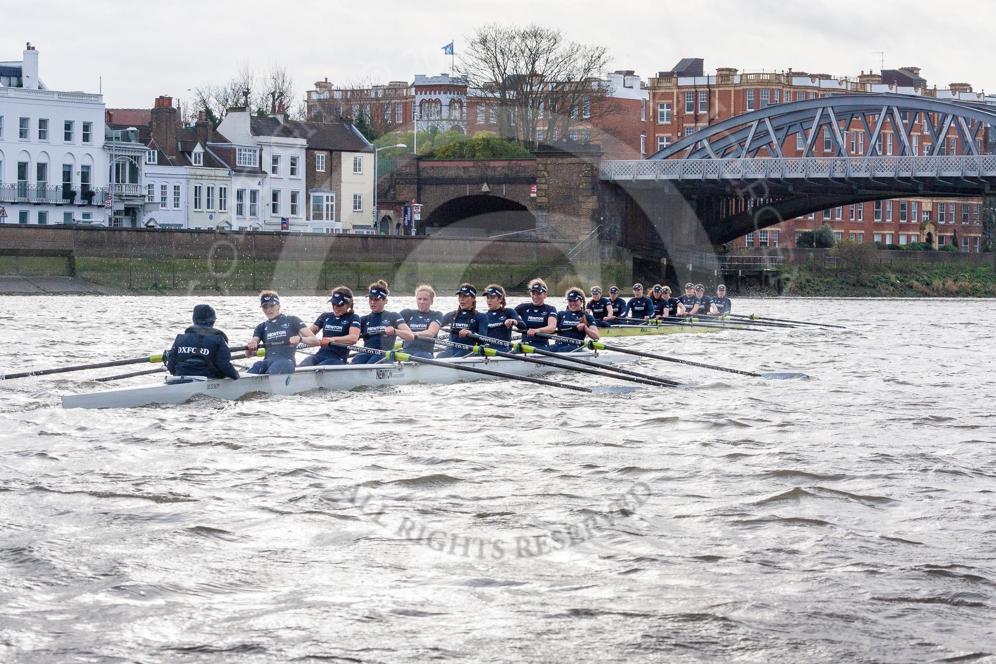 The Boat Race season 2016 - Women's Boat Race Trial Eights (OUWBC, Oxford): "Scylla" and "Charybdis" approaching Barnes Railway Bridge, with "Charybdis" in the lead.
River Thames between Putney Bridge and Mortlake,
London SW15,

United Kingdom,
on 10 December 2015 at 12:34, image #288