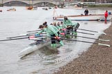 The Boat Race season 2016 - Women's Boat Race Trial Eights (CUWBC, Cambridge): The "Tideway" crew getting the boat ready, stroke-Daphne Martschenko, 7-Thea Zabell, 6-Alexandra Wood, 5-Lucy Pike, 4-Alice Jackson, 3-Rachel Elwood, 2-Evelyn Boettcher, bow-Kate Baker.
River Thames between Putney Bridge and Mortlake,
London SW15,

United Kingdom,
on 10 December 2015 at 10:18, image #18