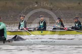 The Boat Race season 2016 - Women's Boat Race Trial Eights (CUWBC, Cambridge): "Twickenham" with stroke-Myriam Goudet, 7-Caroline Habjan, 6-Fiona Macklin, 5-Hannah Roberts, and "Tideway" (in front).
River Thames between Putney Bridge and Mortlake,
London SW15,

United Kingdom,
on 10 December 2015 at 10:59, image #38