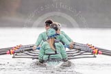 The Boat Race season 2016 - Women's Boat Race Trial Eights (CUWBC, Cambridge): Rear view of "Tideway" during the race, cox-Olivia Godwin, stroke-Daphne Martschenko, 7-Thea Zabell, 6-Alexandra Wood, 5-Lucy Pike, 4-Alice Jackson, 3-Rachel Elwood, 2-Evelyn Boettcher, bow-Kate Baker.
River Thames between Putney Bridge and Mortlake,
London SW15,

United Kingdom,
on 10 December 2015 at 11:05, image #53
