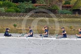 The Boat Race season 2016 - Women's Boat Race Trial Eights (OUWBC, Oxford): "Scylla" waiting for the start of the race, here cox-Antonia Stutter, stroke-Emma Lukasiewicz, 7-Lauren Kedar, 6-Joanne Jansen, 5-Anastasia Chitty.
River Thames between Putney Bridge and Mortlake,
London SW15,

United Kingdom,
on 10 December 2015 at 12:15, image #128