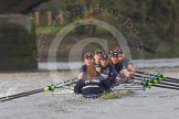 The Boat Race season 2016 - Women's Boat Race Trial Eights (OUWBC, Oxford): "Charybdis", cox-Morgan Baynham-Williams, stroke-Kate Erickson, 7-Maddy Badcott, 6-Elo Luik, 5-Ruth Siddorn, 4-Emma Spruce, 3-Lara Pysden, 2-Christina Fleischer, bow-Georgie Daniell  
 approaching the finish.
River Thames between Putney Bridge and Mortlake,
London SW15,

United Kingdom,
on 10 December 2015 at 12:37, image #342