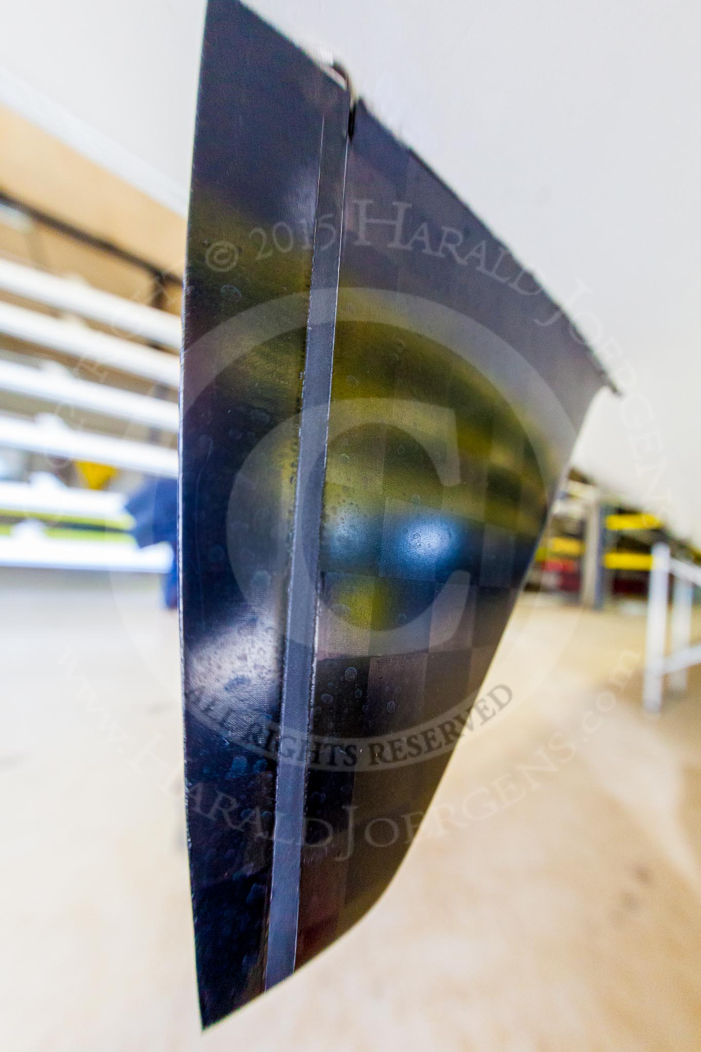 The Boat Race season 2016 - OUWBC training Wallingford: The carbon fibre rudder of a modern boat. Only the narrow part see here in front does move..
River Thames,
Wallingford,
Oxfordshire,

on 29 February 2016 at 14:11, image #1