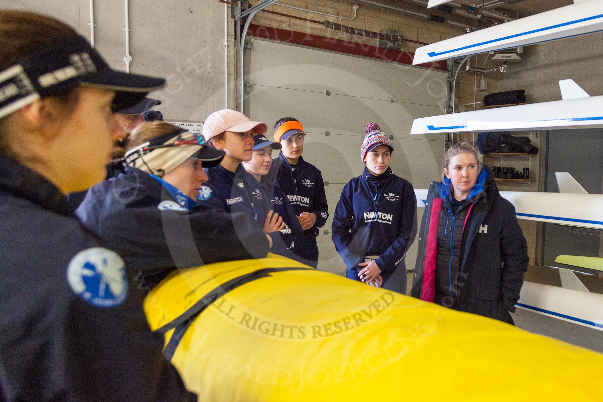 The Boat Race season 2016 - OUWBC training Wallingford: The crew of Osiris, the OUWBC reserve boat, at a pre-traing briefing with coach Ali Williams (right).
River Thames,
Wallingford,
Oxfordshire,

on 29 February 2016 at 15:12, image #20