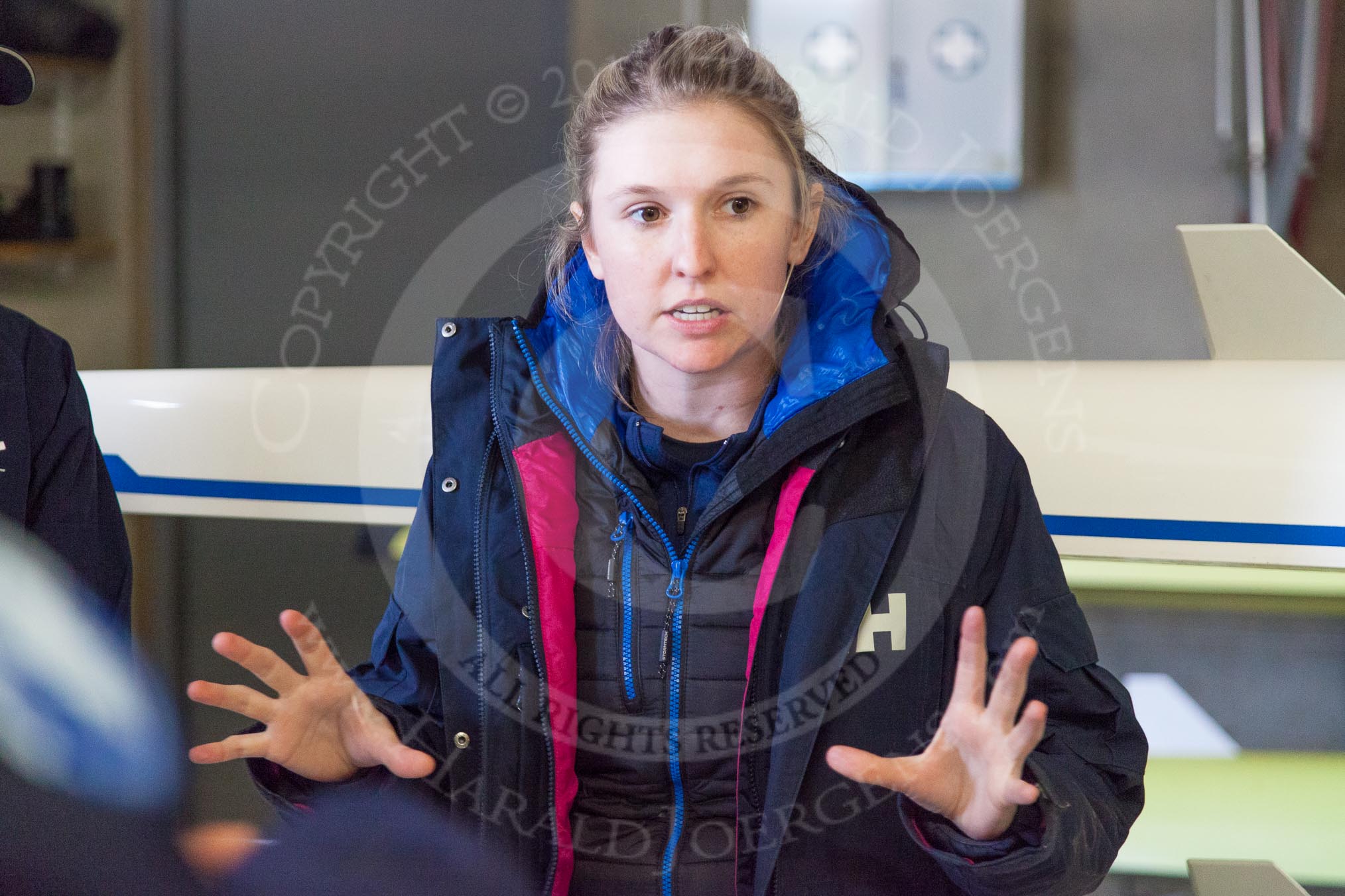 The Boat Race season 2016 - OUWBC training Wallingford: Ali Williams, assistant coach at OUWBC, and in charge of the Osiris (reserve boat) crew on the day. Ali is Canadian, but spent most of her rowing career in Australia.
River Thames,
Wallingford,
Oxfordshire,

on 29 February 2016 at 15:12, image #21