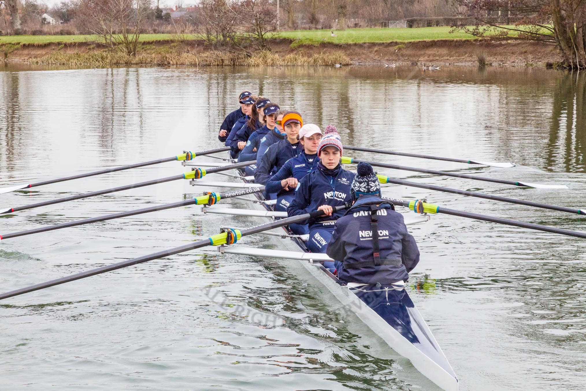 The Boat Race season 2016 - OUWBC training Wallingford: Osiris, the OUWBC reserve boat, with (from bow) Georgie Daniell, Issy Dodds, Chloe Farrar, Elettra Ardissino, Isa Von Loga, Rebecca Te Water Naude, Kate Erickson, Flo Pickles and cox Will Smith.
River Thames,
Wallingford,
Oxfordshire,

on 29 February 2016 at 15:20, image #44