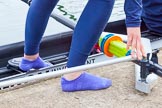 The Boat Race season 2016 - OUWBC training Wallingford: Which Blue are you? Rower's feet before entering the boat.
River Thames,
Wallingford,
Oxfordshire,

on 29 February 2016 at 15:17, image #37