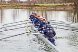 The Boat Race season 2016 - OUWBC training Wallingford: Osiris, the OUWBC reserve boat, with (from bow) Georgie Daniell, Issy Dodds, Chloe Farrar, Elettra Ardissino, Isa Von Loga, Rebecca Te Water Naude, Kate Erickson, Flo Pickles and cox Will Smith.
River Thames,
Wallingford,
Oxfordshire,

on 29 February 2016 at 15:20, image #44