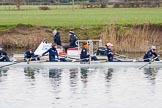 The Boat Race season 2016 - OUWBC training Wallingford: Osiris, the OUWBC reserve boat, at the start of their traing session with coach Ali Williams.
River Thames,
Wallingford,
Oxfordshire,

on 29 February 2016 at 15:23, image #45