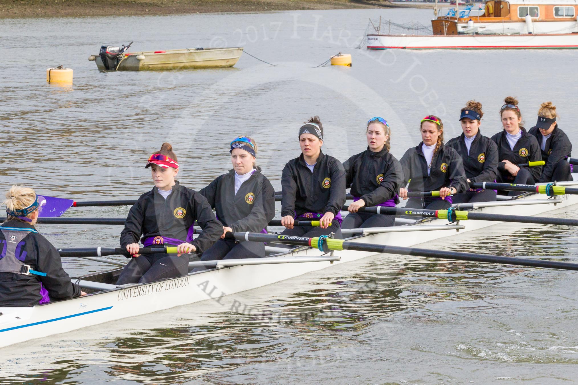 The Boat Race season 2017 - Women's Boat Race Fixture CUWBC vs Univerity of London: The UL boat before the reace, here cox - Lauren Holland, stroke - Robyn Hart-Winks, 7 - Ally French, 6 - Georgia Stratham, 5 - Charlotte Hodgkins-Byrne, 4 - Sara Parfett, 3 - Fionnuala Gannon, 2 - Catherine Ador, bow - Emily Wilks.
River Thames between Putney Bridge and Mortlake,
London SW15,

United Kingdom,
on 19 February 2017 at 15:22, image #17