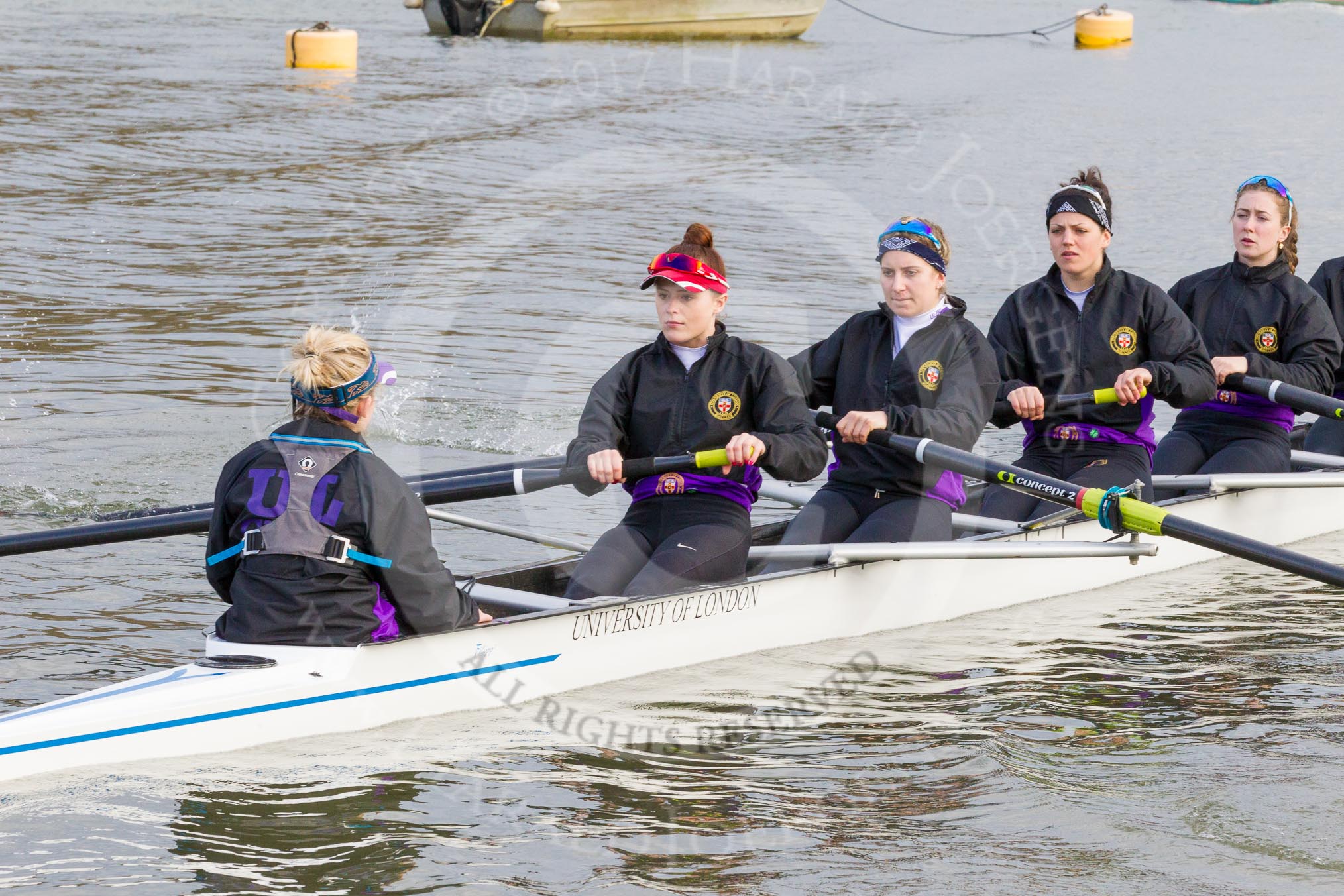 The Boat Race season 2017 - Women's Boat Race Fixture CUWBC vs Univerity of London: The UL boat before the reace, here cox - Lauren Holland, stroke - Robyn Hart-Winks, 7 - Ally French, 6 - Georgia Stratham, 5 - Charlotte Hodgkins-Byrne.
River Thames between Putney Bridge and Mortlake,
London SW15,

United Kingdom,
on 19 February 2017 at 15:22, image #18