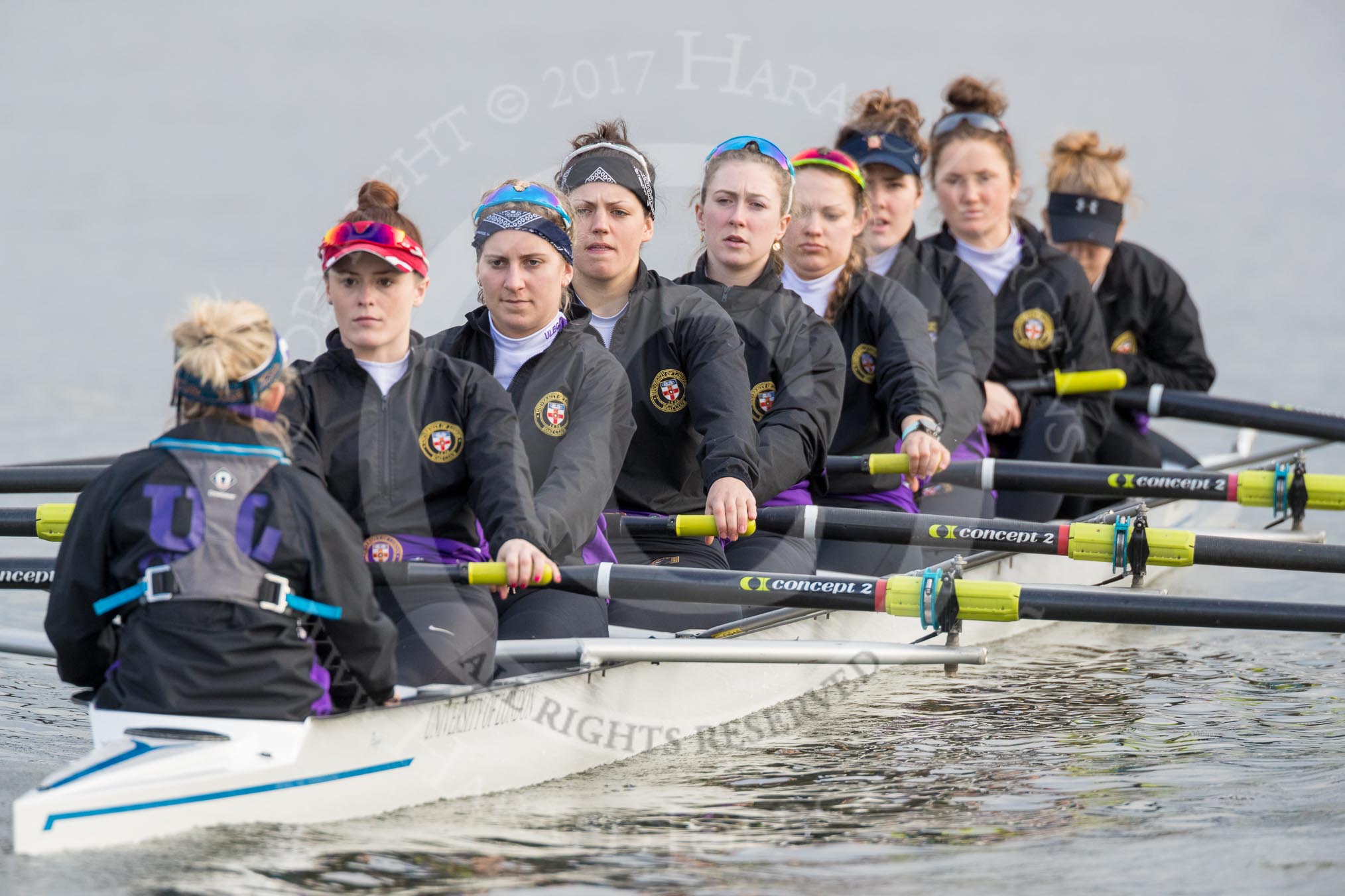 The Boat Race season 2017 - Women's Boat Race Fixture CUWBC vs Univerity of London: The UL boat before the reace, here cox - Lauren Holland, stroke - Robyn Hart-Winks, 7 - Ally French, 6 - Georgia Stratham, 5 - Charlotte Hodgkins-Byrne, 4 - Sara Parfett, 3 - Fionnuala Gannon, 2 - Catherine Ador, bow - Emily Wilks.
River Thames between Putney Bridge and Mortlake,
London SW15,

United Kingdom,
on 19 February 2017 at 15:22, image #20