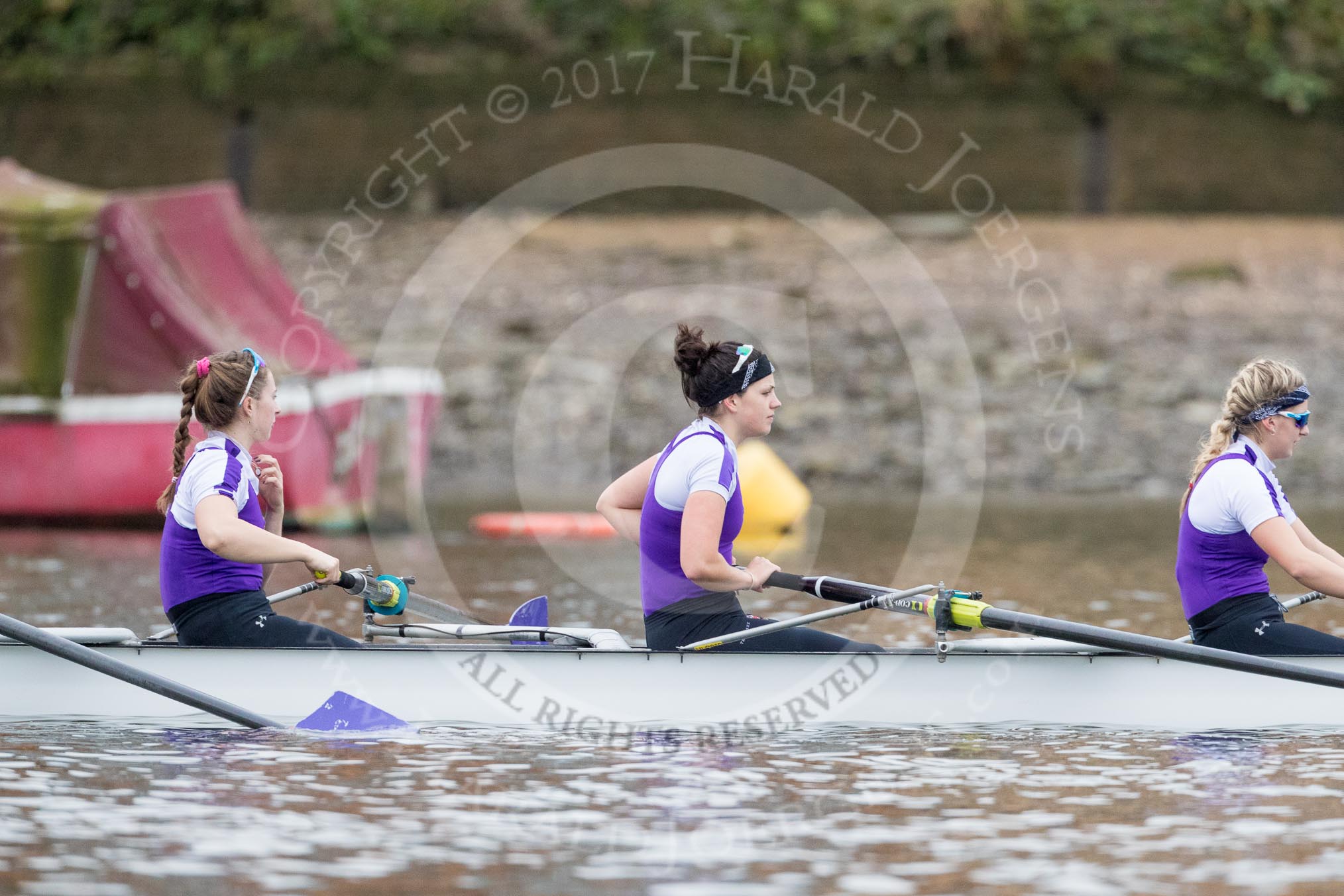 The Boat Race season 2017 - Women's Boat Race Fixture CUWBC vs Univerity of London: The UL eight before the start of the race,  5 - Charlotte Hodgkins-Byrne, 6 - Georgia Stratham, 7 - Ally French.
River Thames between Putney Bridge and Mortlake,
London SW15,

United Kingdom,
on 19 February 2017 at 15:49, image #25