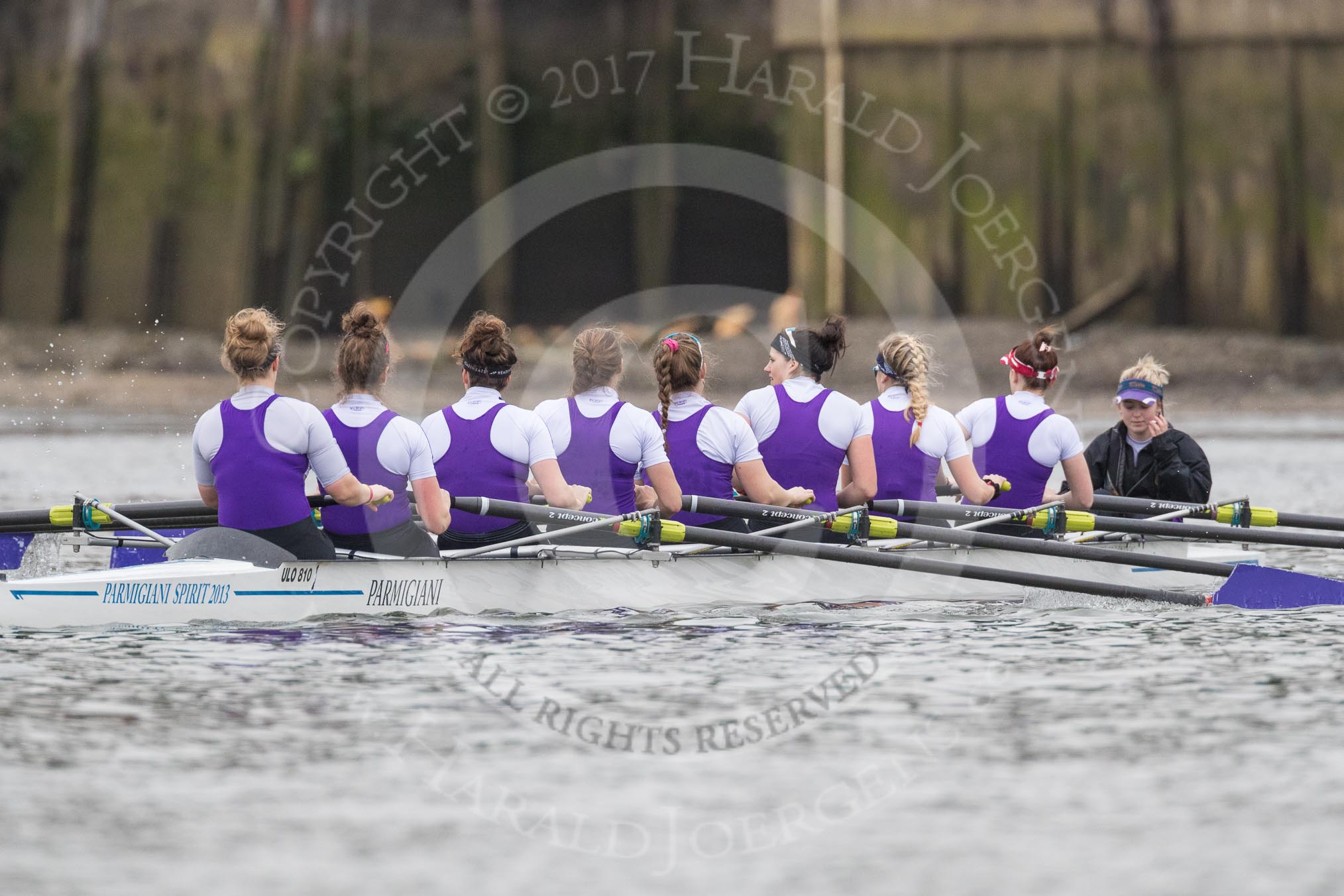 The Boat Race season 2017 - Women's Boat Race Fixture CUWBC vs Univerity of London: The UL eight before the start of the race, bow - Emily Wilks, 2 - Catherine Ador, 3 - Fionnuala Gannon, 4 - Sara Parfett, 5 - Charlotte Hodgkins-Byrne, 6 - Georgia Stratham, 7 - Ally French, stroke - Robyn Hart-Winks, cox - Lauren Holland.
River Thames between Putney Bridge and Mortlake,
London SW15,

United Kingdom,
on 19 February 2017 at 15:50, image #26
