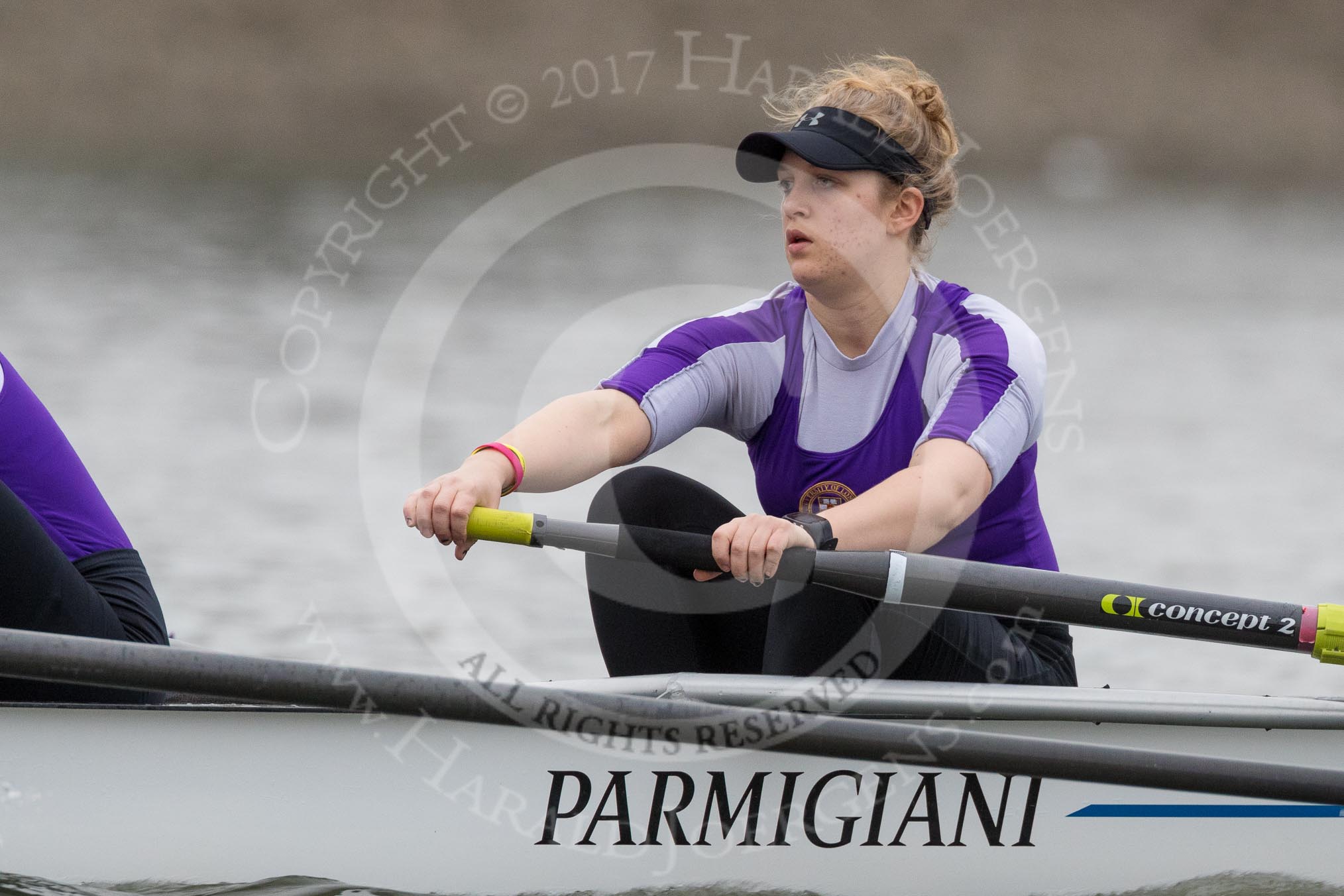 The Boat Race season 2017 - Women's Boat Race Fixture CUWBC vs Univerity of London: stroke - Robyn Hart-Winks, here Emily Wilks (bow).
River Thames between Putney Bridge and Mortlake,
London SW15,

United Kingdom,
on 19 February 2017 at 15:51, image #27