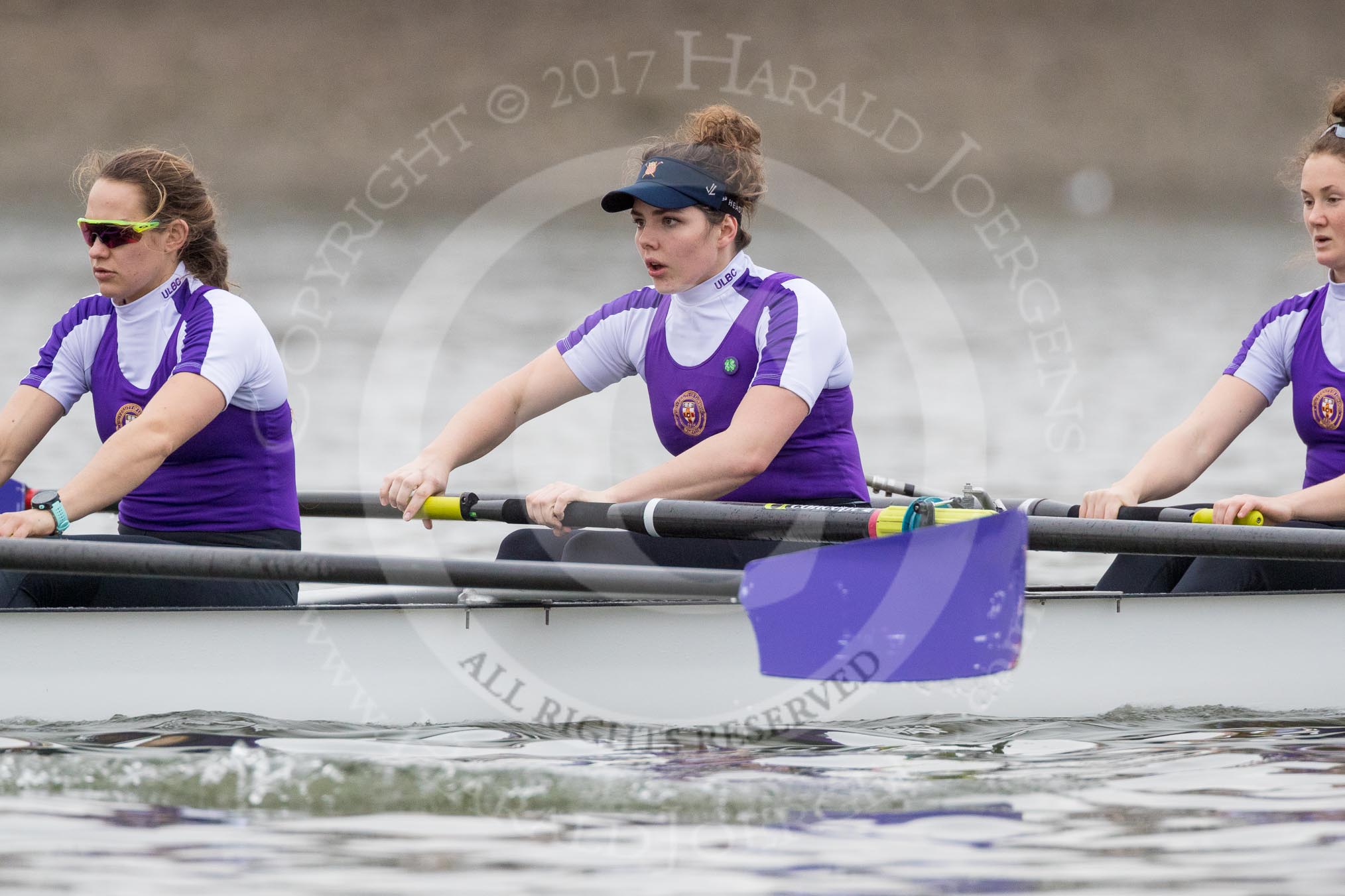 The Boat Race season 2017 - Women's Boat Race Fixture CUWBC vs Univerity of London: The UL BC boat with 4 - Sara Parfett, 3 - Fionnuala Gannon, 2 - Catherine Ador.
River Thames between Putney Bridge and Mortlake,
London SW15,

United Kingdom,
on 19 February 2017 at 15:51, image #28