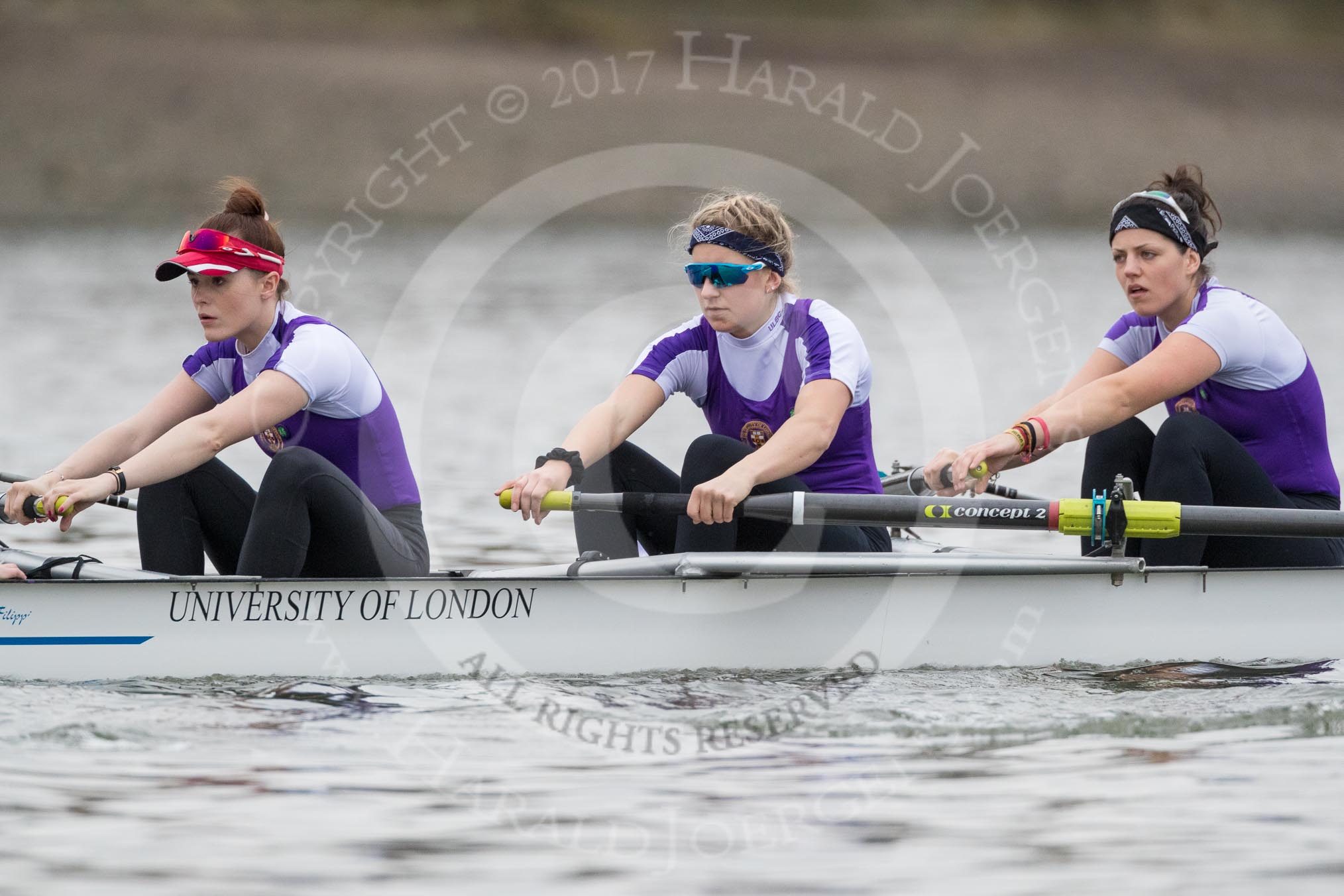 The Boat Race season 2017 - Women's Boat Race Fixture CUWBC vs Univerity of London: The UL eight before the start of the race,  stroke - Robyn Hart-Winks, 7 - Ally French, 6 - Georgia Stratham.
River Thames between Putney Bridge and Mortlake,
London SW15,

United Kingdom,
on 19 February 2017 at 15:51, image #30