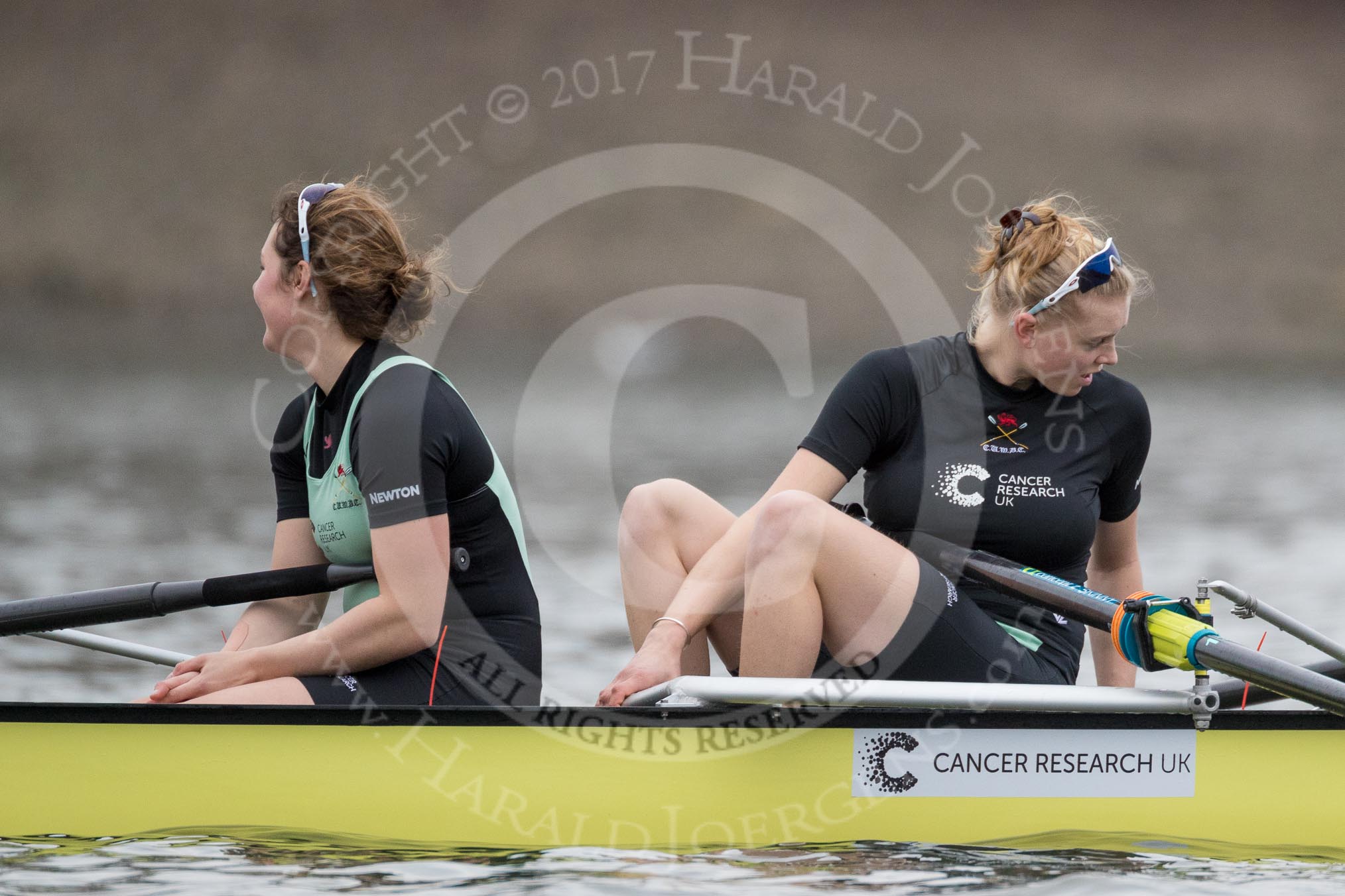 The Boat Race season 2017 - Women's Boat Race Fixture CUWBC vs Univerity of London: CUWBC's 6 - Melissa Wilson, 5 - Holy Hill before the start of the race.
River Thames between Putney Bridge and Mortlake,
London SW15,

United Kingdom,
on 19 February 2017 at 15:53, image #35