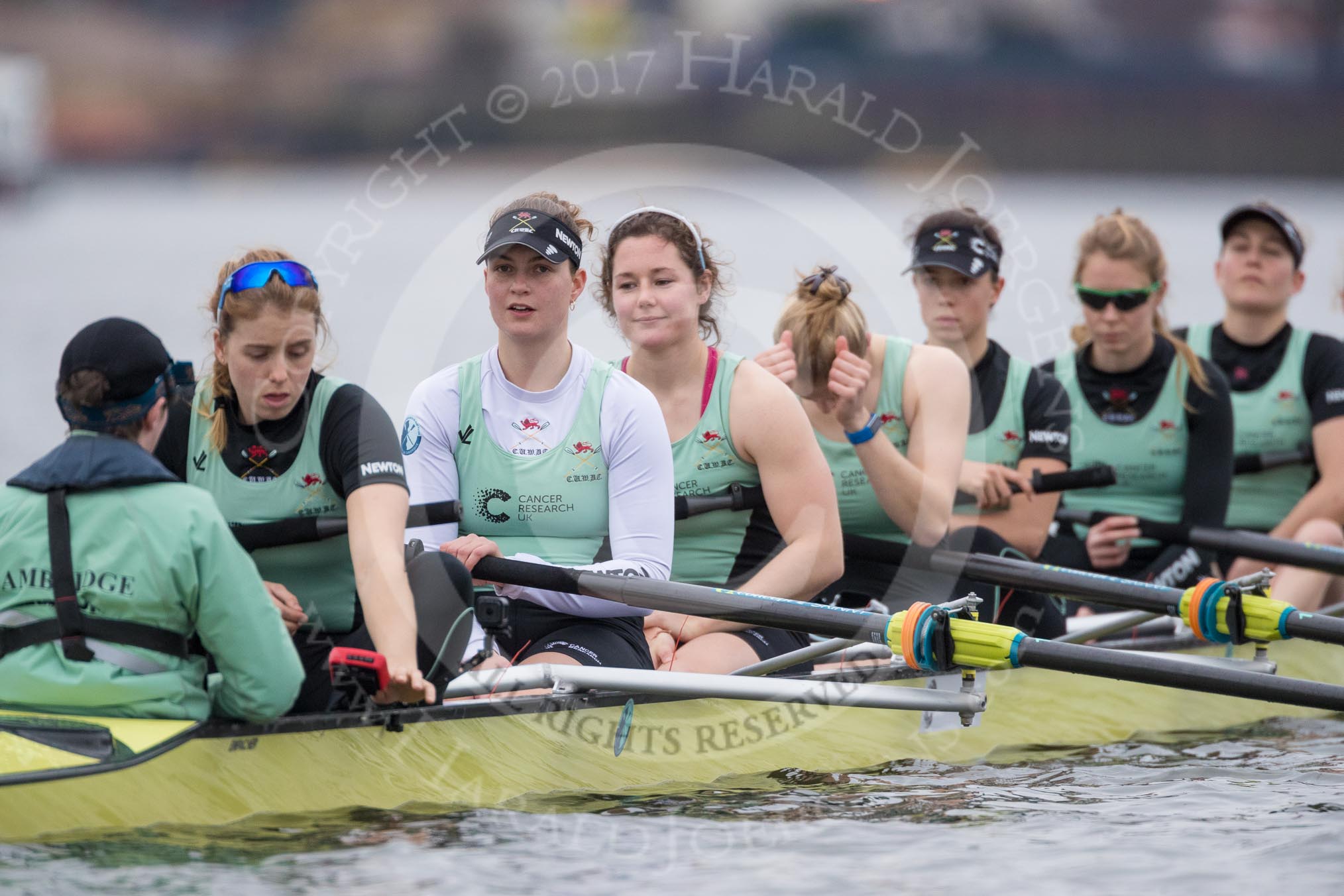 The Boat Race season 2017 - Women's Boat Race Fixture CUWBC vs Univerity of London: The CUWBC eight before the start of the race, cox - Matthew Holland, stroke - Alice White, 7 - Myriam Goudet, 6 - Melissa Wilson, 5 - Holy Hill, 4 - Imogen Grant, 3 - Ashton Brown, 2 - Kirsten Van Fosen, bow - Claire Lambe.
River Thames between Putney Bridge and Mortlake,
London SW15,

United Kingdom,
on 19 February 2017 at 15:54, image #39