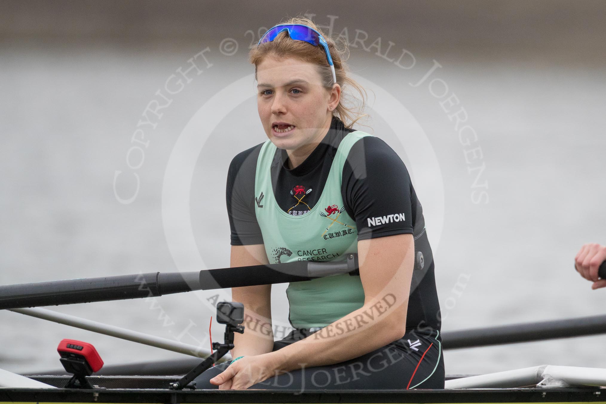 The Boat Race season 2017 - Women's Boat Race Fixture CUWBC vs Univerity of London: The CUWBC eight before the start of the race, here stroke Alice White.
River Thames between Putney Bridge and Mortlake,
London SW15,

United Kingdom,
on 19 February 2017 at 15:54, image #40