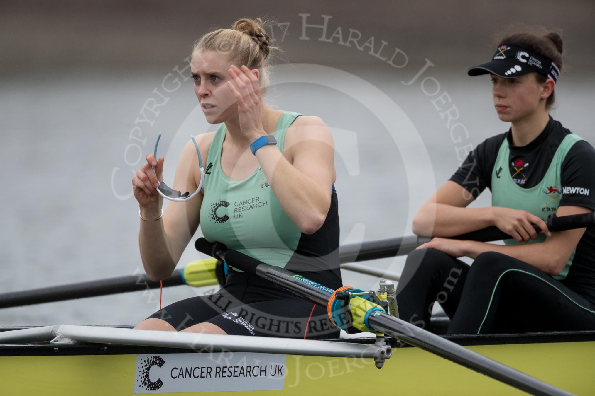 The Boat Race season 2017 - Women's Boat Race Fixture CUWBC vs Univerity of London: The CUWBC eight before the start of the race, here 5 - Holy Hill, 4 - Imogen Grant.
River Thames between Putney Bridge and Mortlake,
London SW15,

United Kingdom,
on 19 February 2017 at 15:54, image #41