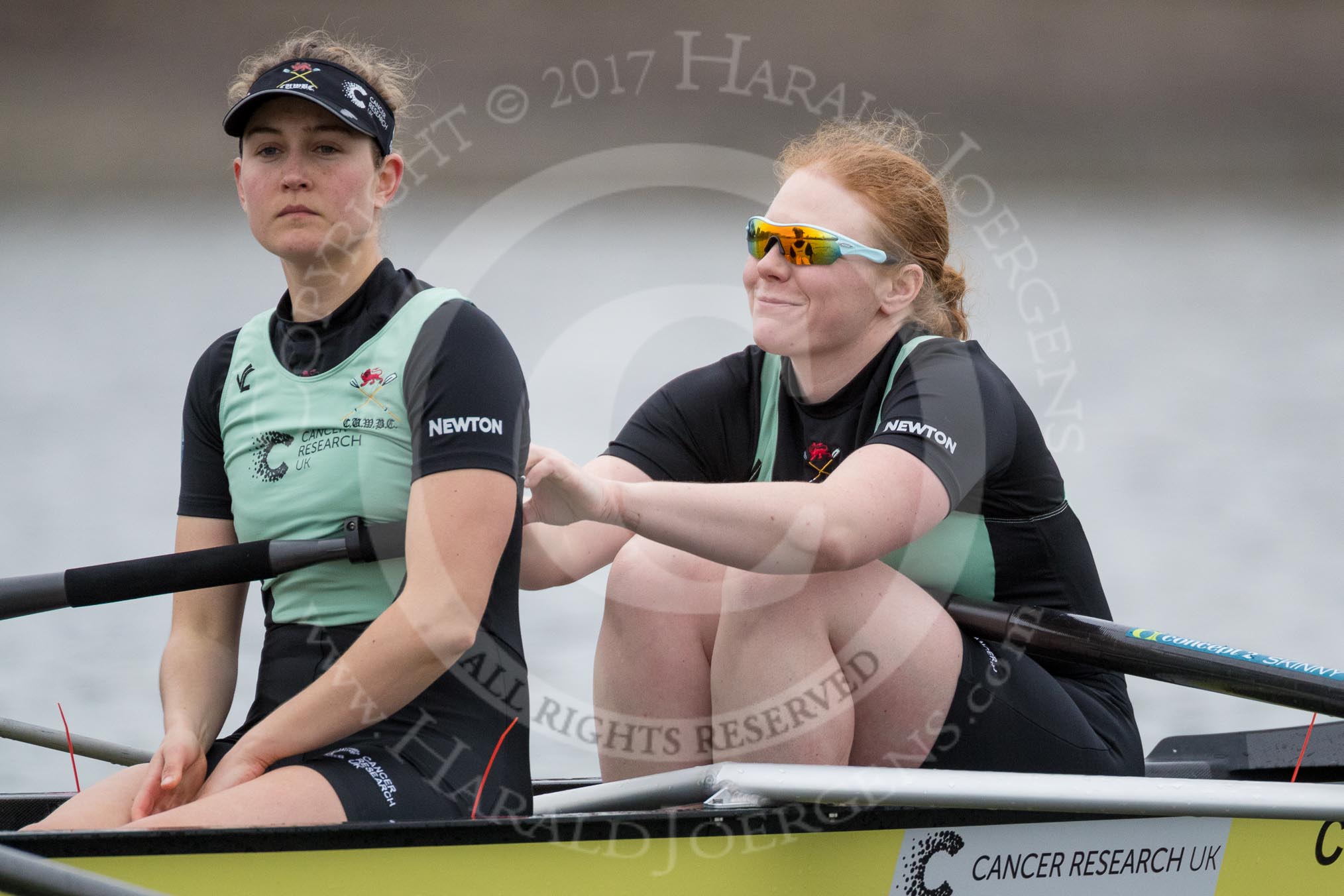 The Boat Race season 2017 - Women's Boat Race Fixture CUWBC vs Univerity of London: The CUWBC eight before the start of the race, here 2 - Kirsten Van Fosen, bow - Claire Lambe.
River Thames between Putney Bridge and Mortlake,
London SW15,

United Kingdom,
on 19 February 2017 at 15:54, image #42