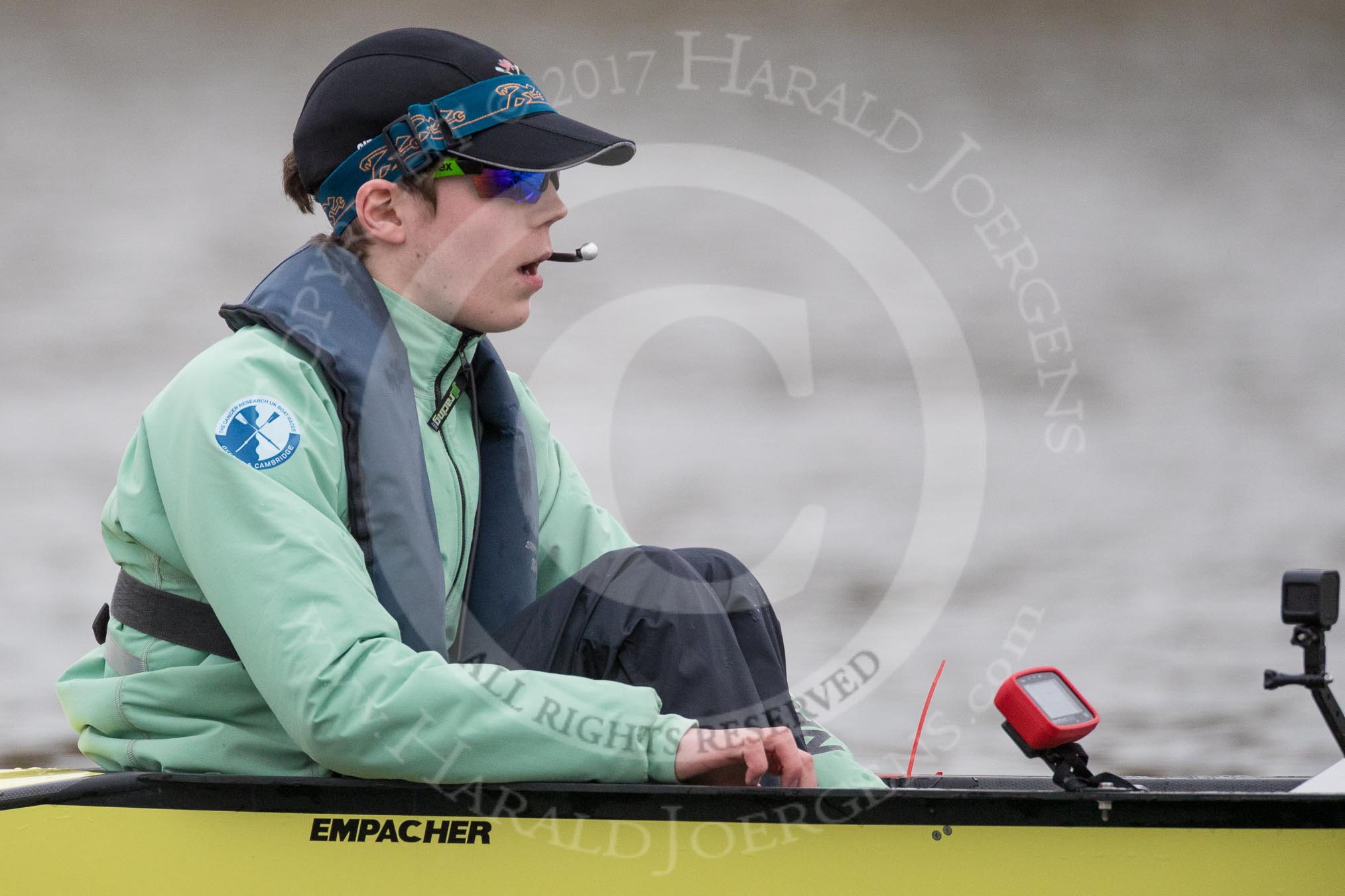 The Boat Race season 2017 - Women's Boat Race Fixture CUWBC vs Univerity of London: The CUWBC eight before the start of the race, here cox  Matthew Holland.
River Thames between Putney Bridge and Mortlake,
London SW15,

United Kingdom,
on 19 February 2017 at 15:55, image #43