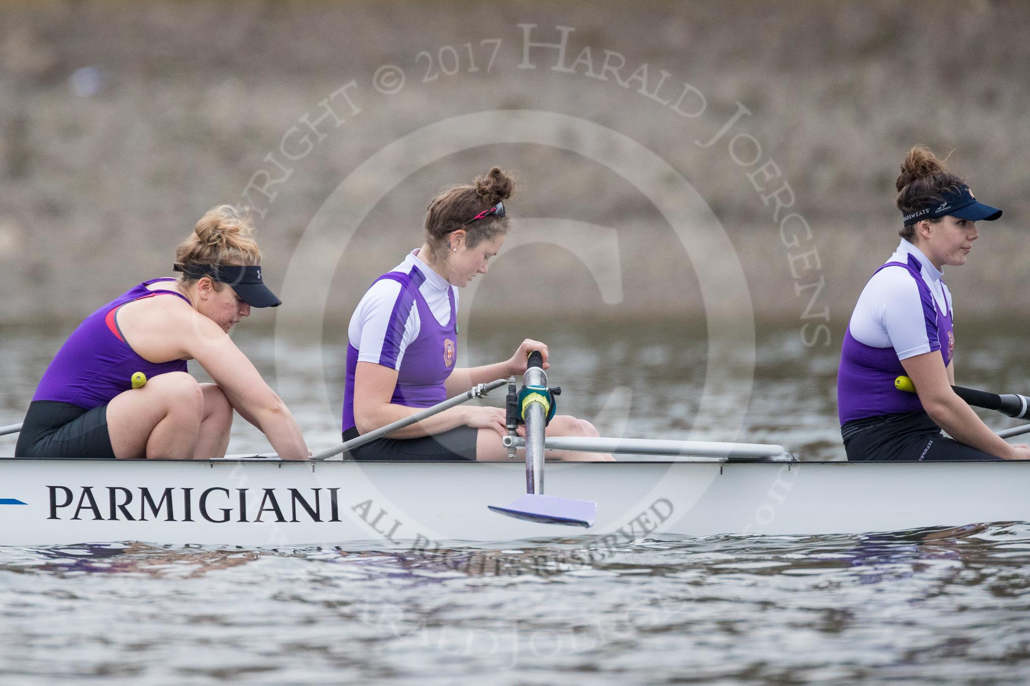 The Boat Race season 2017 - Women's Boat Race Fixture CUWBC vs Univerity of London: The UL boat, here ow - Emily Wilks, 2 - Catherine Ador, 3 - Fionnuala Gannon.
River Thames between Putney Bridge and Mortlake,
London SW15,

United Kingdom,
on 19 February 2017 at 15:57, image #44