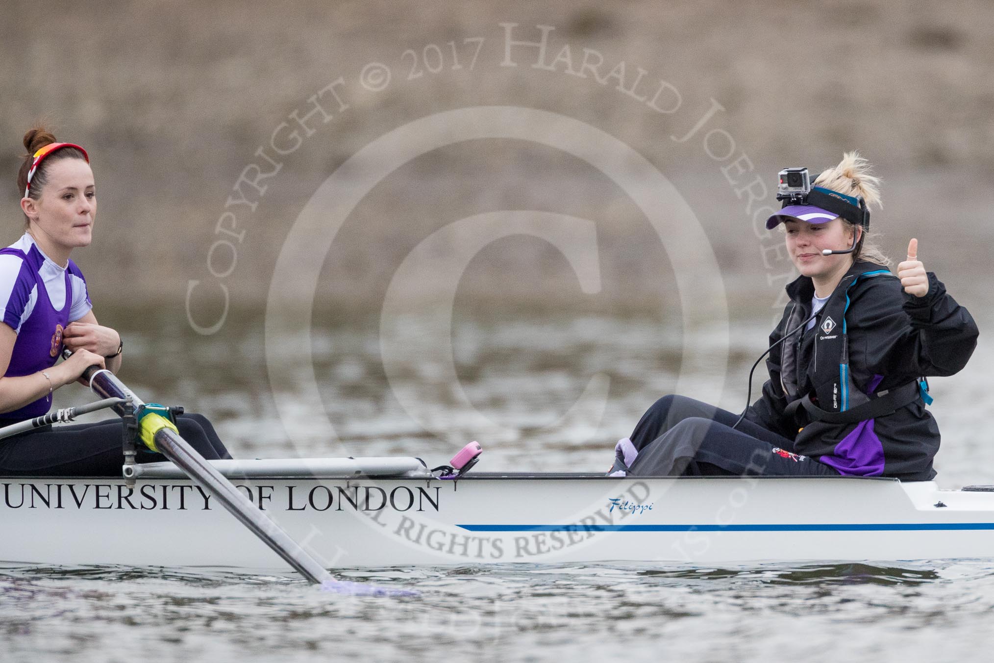 The Boat Race season 2017 - Women's Boat Race Fixture CUWBC vs Univerity of London: The UL eight before the start of the race,  stroke - Robyn Hart-Winks, cox - Lauren Holland.
River Thames between Putney Bridge and Mortlake,
London SW15,

United Kingdom,
on 19 February 2017 at 15:57, image #48