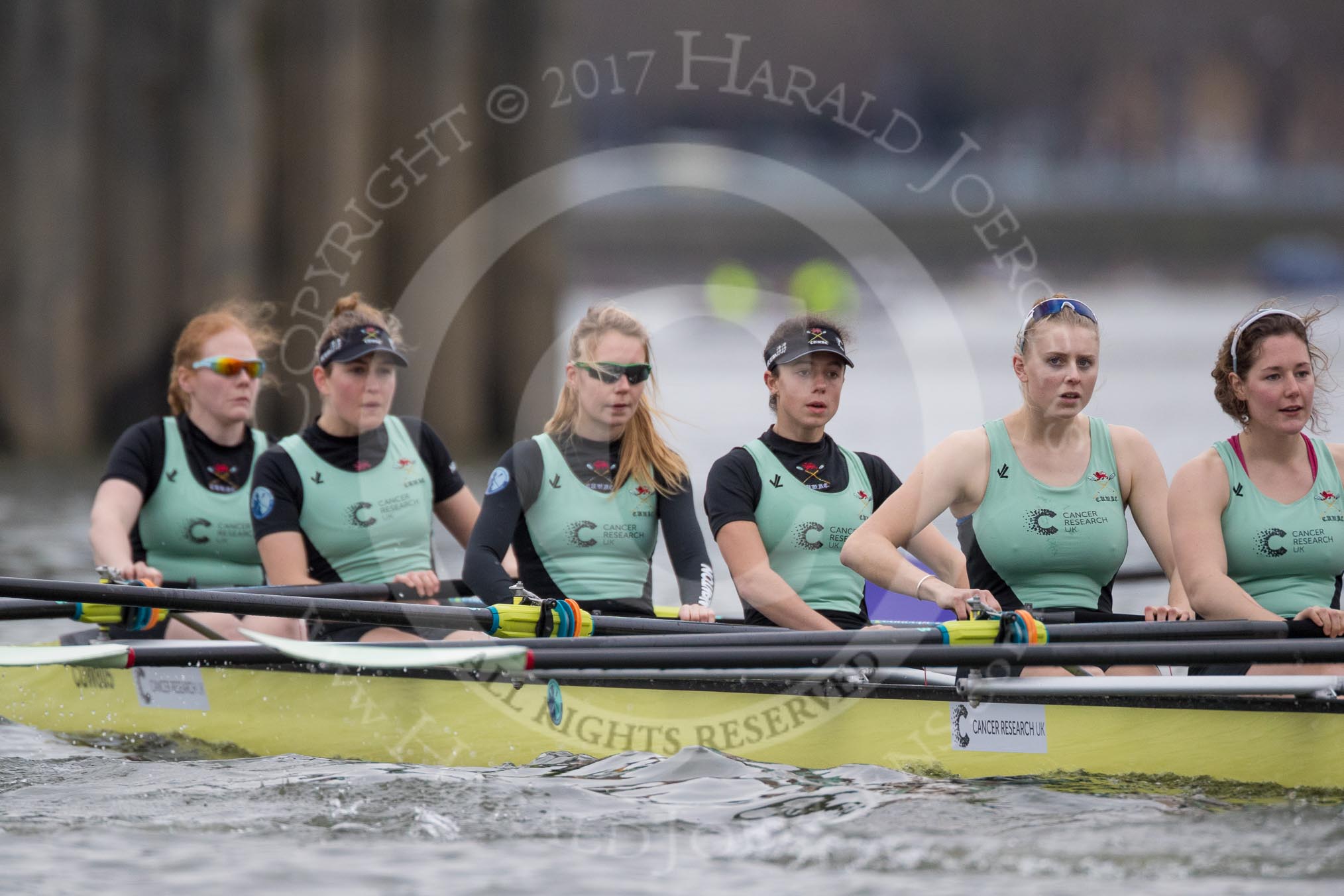 The Boat Race season 2017 - Women's Boat Race Fixture CUWBC vs Univerity of London: The CUWBC eight before the start of the race, bow - Claire Lambe, 2 - Kirsten Van Fosen, 3 - Ashton Brown, 4 - Imogen Grant, 5 - Holy Hill, 6 - Melissa Wilson.
River Thames between Putney Bridge and Mortlake,
London SW15,

United Kingdom,
on 19 February 2017 at 15:58, image #49