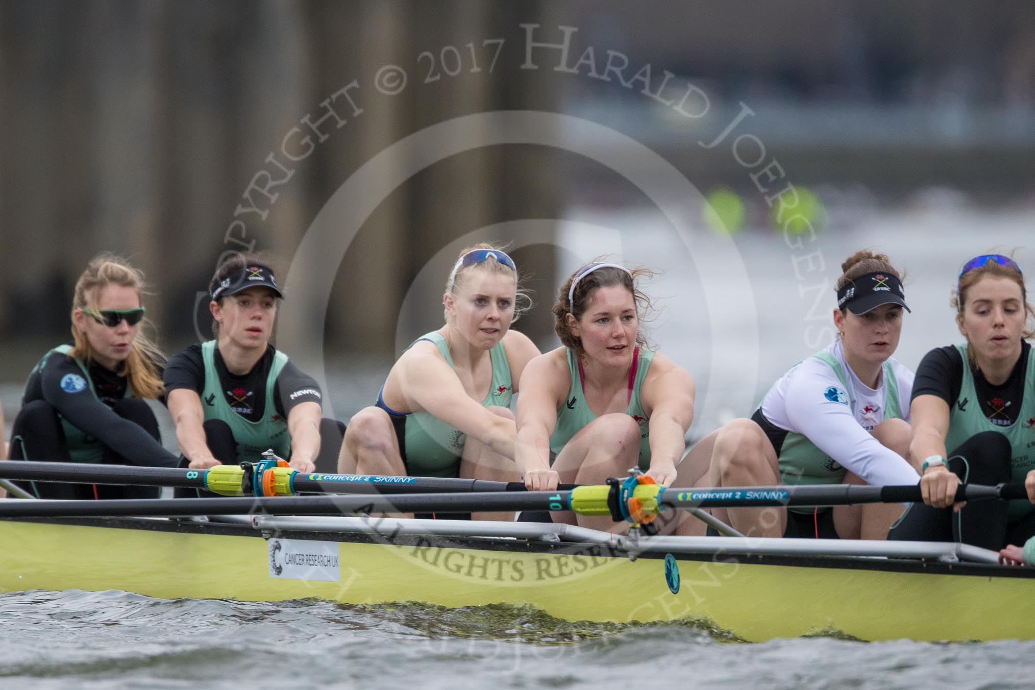 The Boat Race season 2017 - Women's Boat Race Fixture CUWBC vs Univerity of London: The CUWBC eight before the start of the race, 3 - Ashton Brown, 4 - Imogen Grant, 5 - Holy Hill, 6 - Melissa Wilson, 7 - Myriam Goudet, stroke - Alice White.
River Thames between Putney Bridge and Mortlake,
London SW15,

United Kingdom,
on 19 February 2017 at 15:58, image #50
