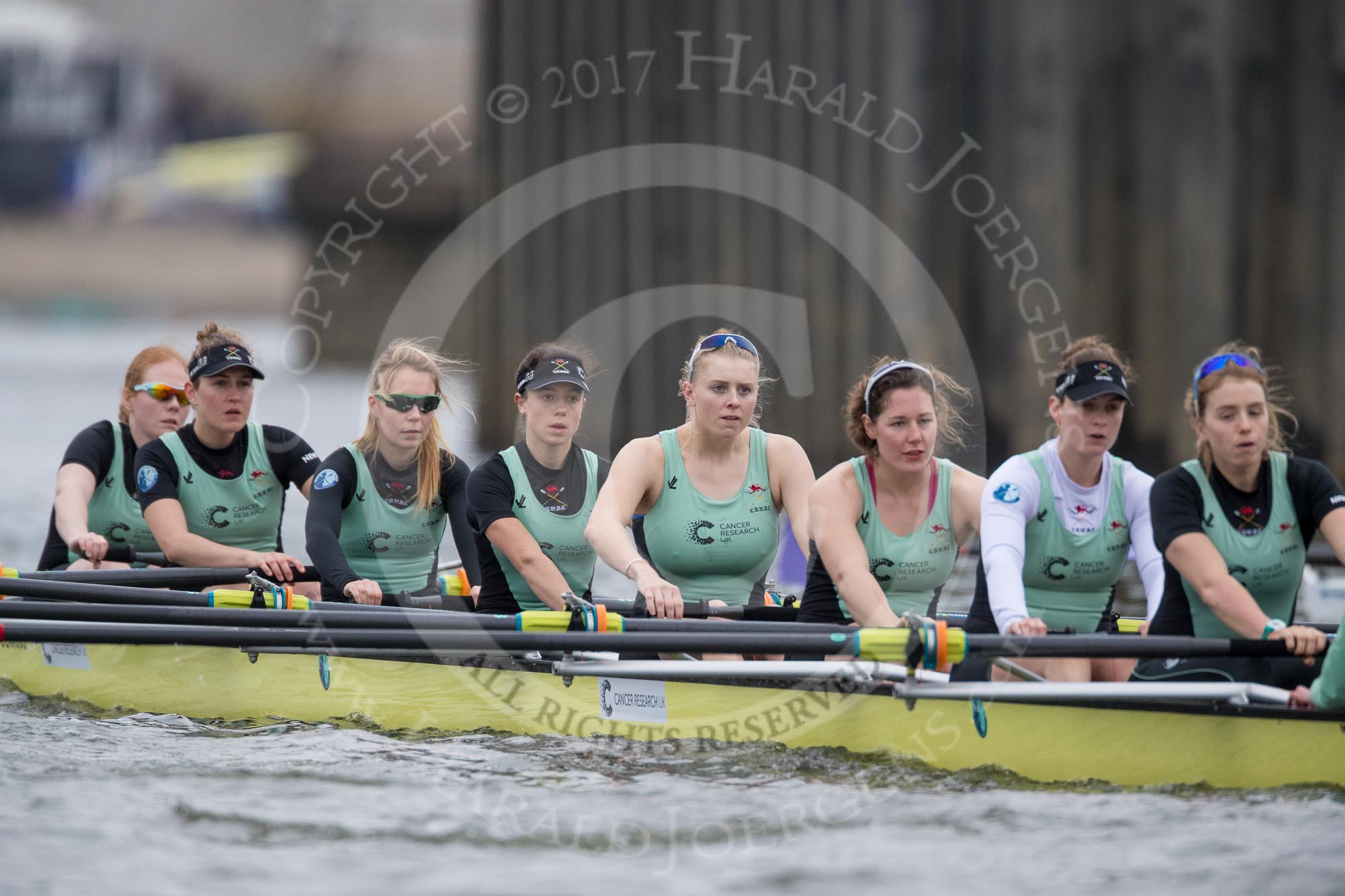 The Boat Race season 2017 - Women's Boat Race Fixture CUWBC vs Univerity of London: The CUWBC eight before the start of the race, bow - Claire Lambe, 2 - Kirsten Van Fosen, 3 - Ashton Brown, 4 - Imogen Grant, 5 - Holy Hill, 6 - Melissa Wilson, 7 - Myriam Goudet, stroke - Alice White.
River Thames between Putney Bridge and Mortlake,
London SW15,

United Kingdom,
on 19 February 2017 at 15:58, image #51