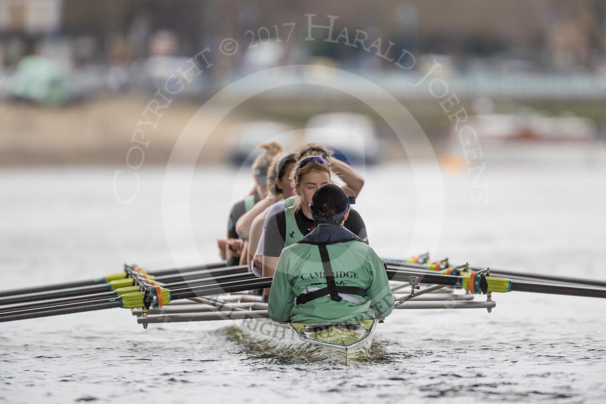 The Boat Race season 2017 - Women's Boat Race Fixture CUWBC vs Univerity of London: The CUWBC eight seconds before the start of the race, cox - Matthew Holland, stroke - Alice White, 7 - Myriam Goudet, 6 - Melissa Wilson, 5 - Holy Hill, 4 - Imogen Grant, 3 - Ashton Brown, 2 - Kirsten Van Fosen, bow - Claire Lambe.
River Thames between Putney Bridge and Mortlake,
London SW15,

United Kingdom,
on 19 February 2017 at 16:00, image #53
