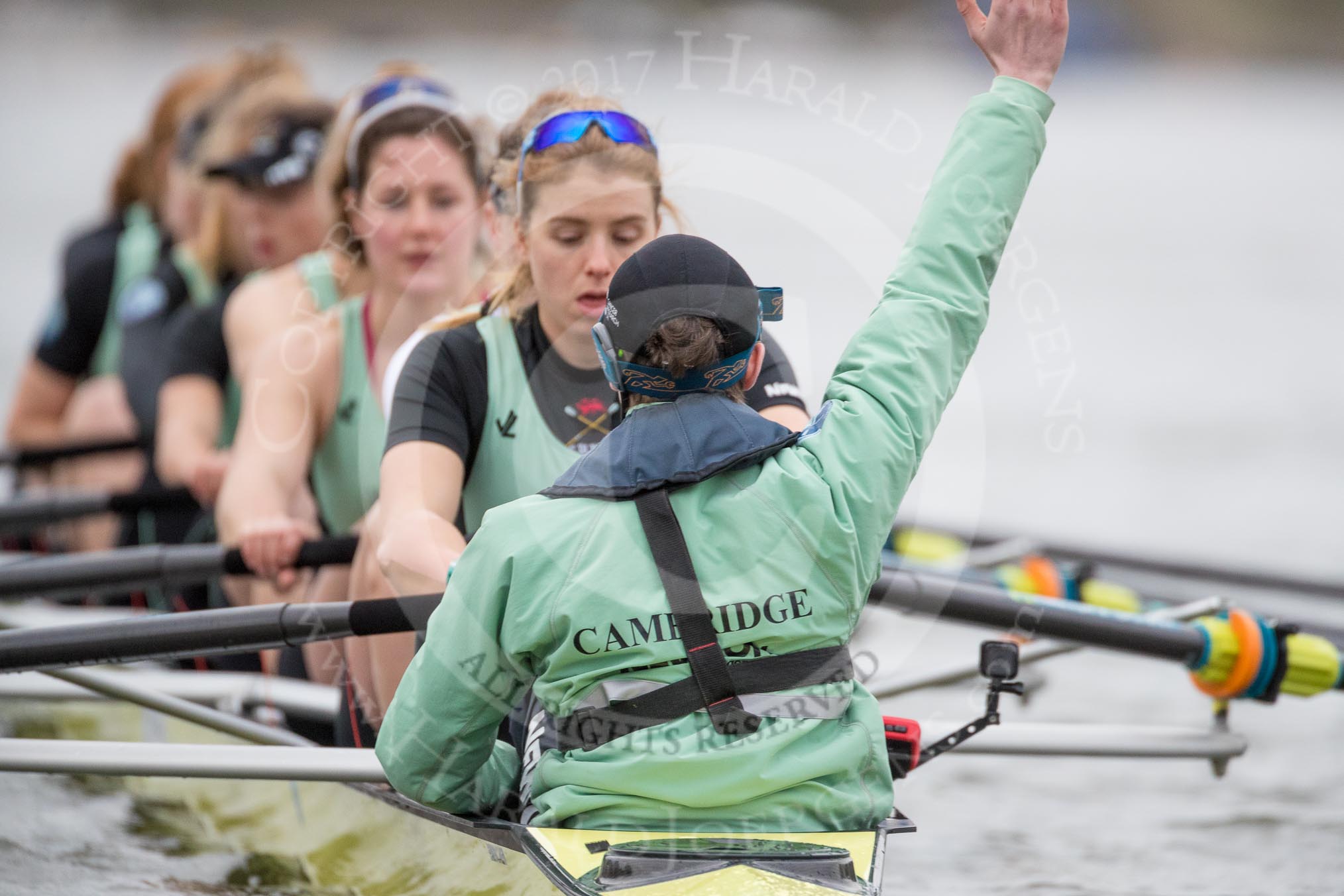 The Boat Race season 2017 - Women's Boat Race Fixture CUWBC vs Univerity of London: The CUWBC eight seconds before the start of the race, cox - Matthew Holland, stroke - Alice White, 7 - Myriam Goudet, 6 - Melissa Wilson, 5 - Holy Hill, 4 - Imogen Grant, 3 - Ashton Brown, 2 - Kirsten Van Fosen, bow - Claire Lambe.
River Thames between Putney Bridge and Mortlake,
London SW15,

United Kingdom,
on 19 February 2017 at 16:00, image #57