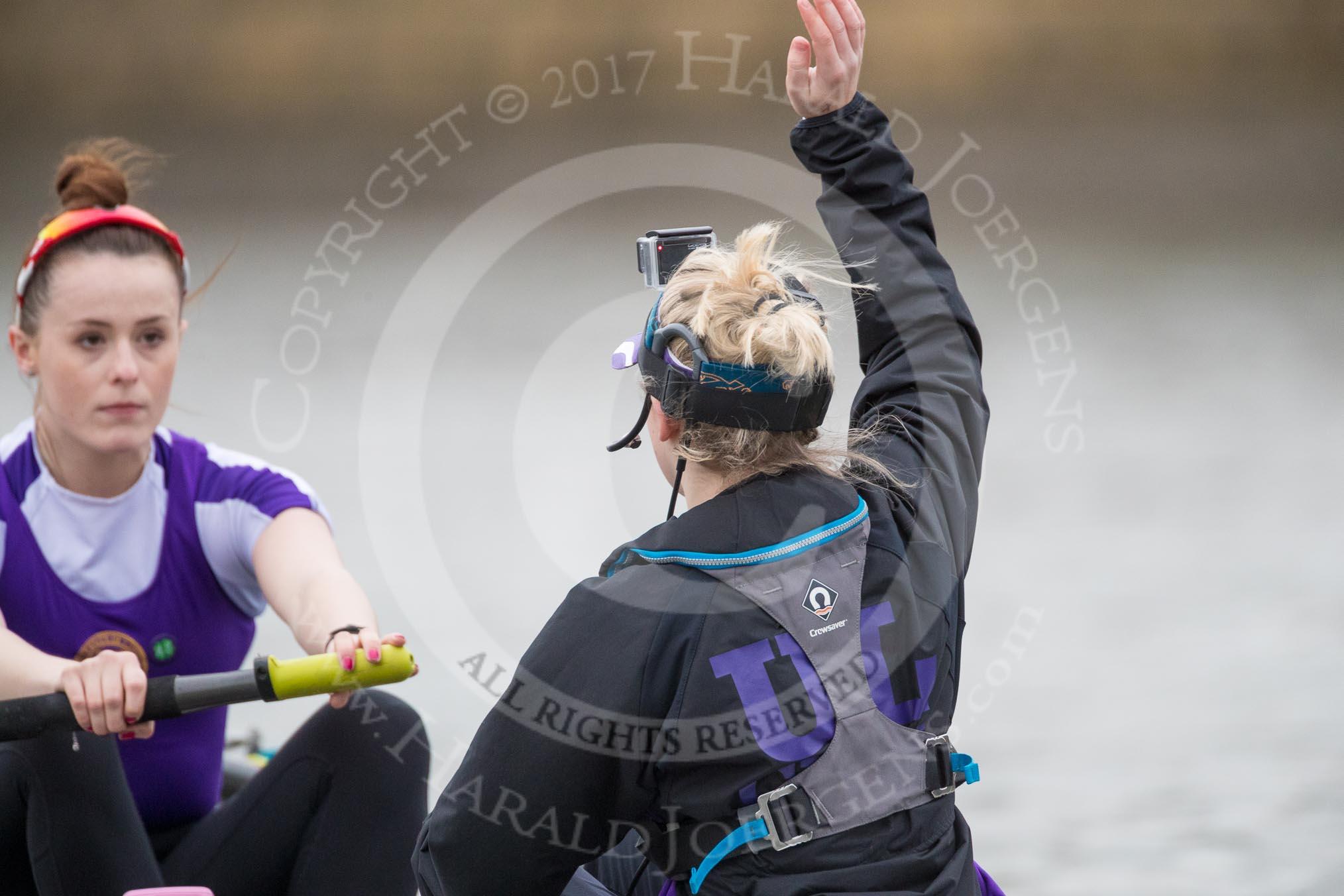 The Boat Race season 2017 - Women's Boat Race Fixture CUWBC vs Univerity of London: The UL eight before the start of the race,  stroke - Robyn Hart-Winks, cox - Lauren Holland.
River Thames between Putney Bridge and Mortlake,
London SW15,

United Kingdom,
on 19 February 2017 at 16:00, image #58