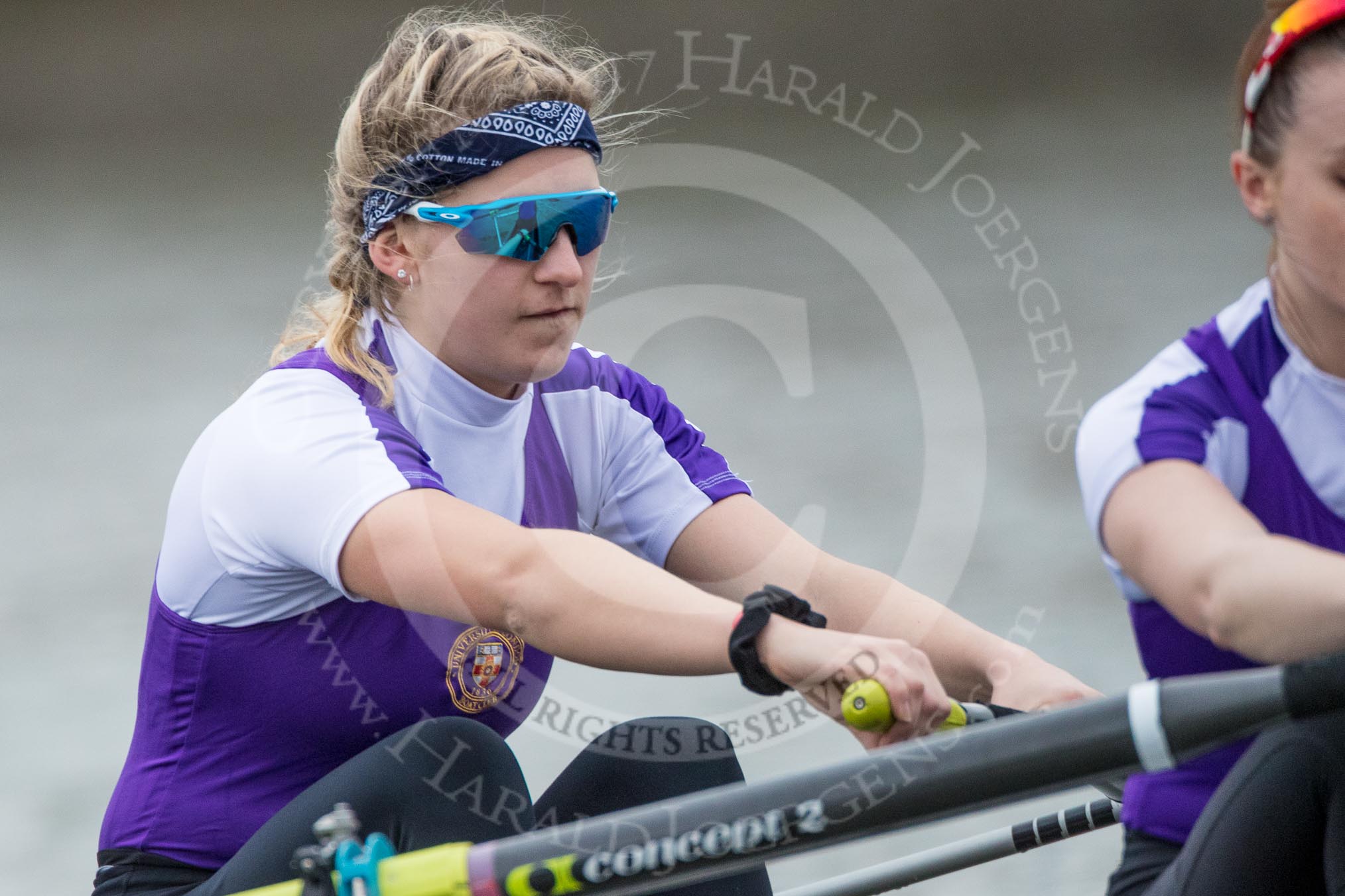 The Boat Race season 2017 - Women's Boat Race Fixture CUWBC vs Univerity of London: The UL eight seconds before the start of the race,  7 - Ally French, stroke - Robyn Hart-Winks.
River Thames between Putney Bridge and Mortlake,
London SW15,

United Kingdom,
on 19 February 2017 at 16:01, image #60