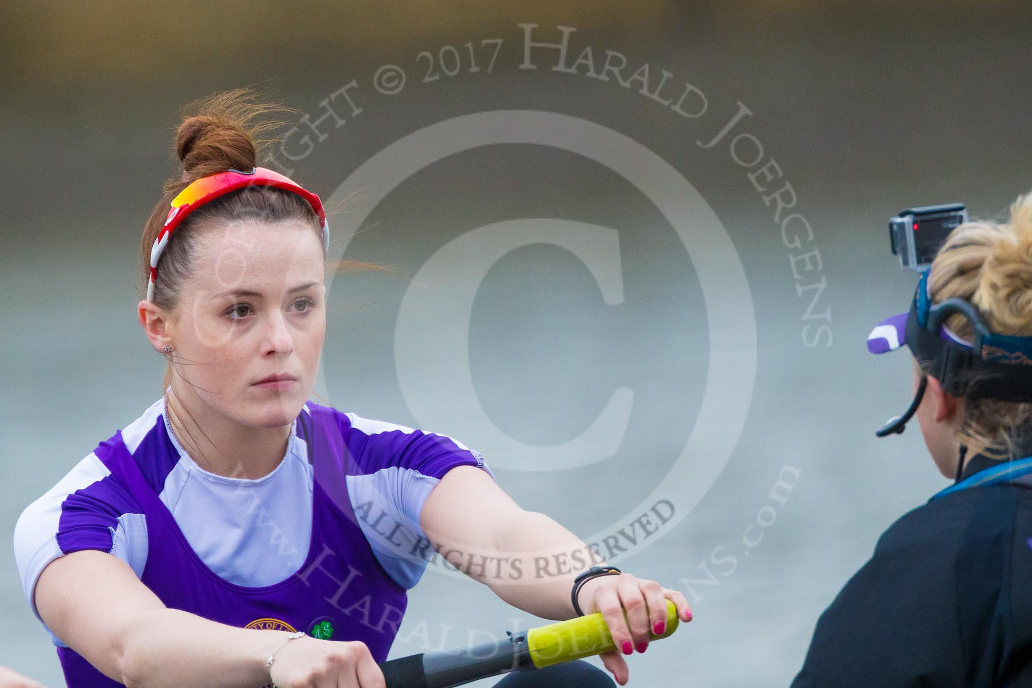 The Boat Race season 2017 - Women's Boat Race Fixture CUWBC vs Univerity of London: The UL eight seconds before the start of the race,  stroke - Robyn Hart-Winks, cox - Lauren Holland.
River Thames between Putney Bridge and Mortlake,
London SW15,

United Kingdom,
on 19 February 2017 at 16:01, image #61