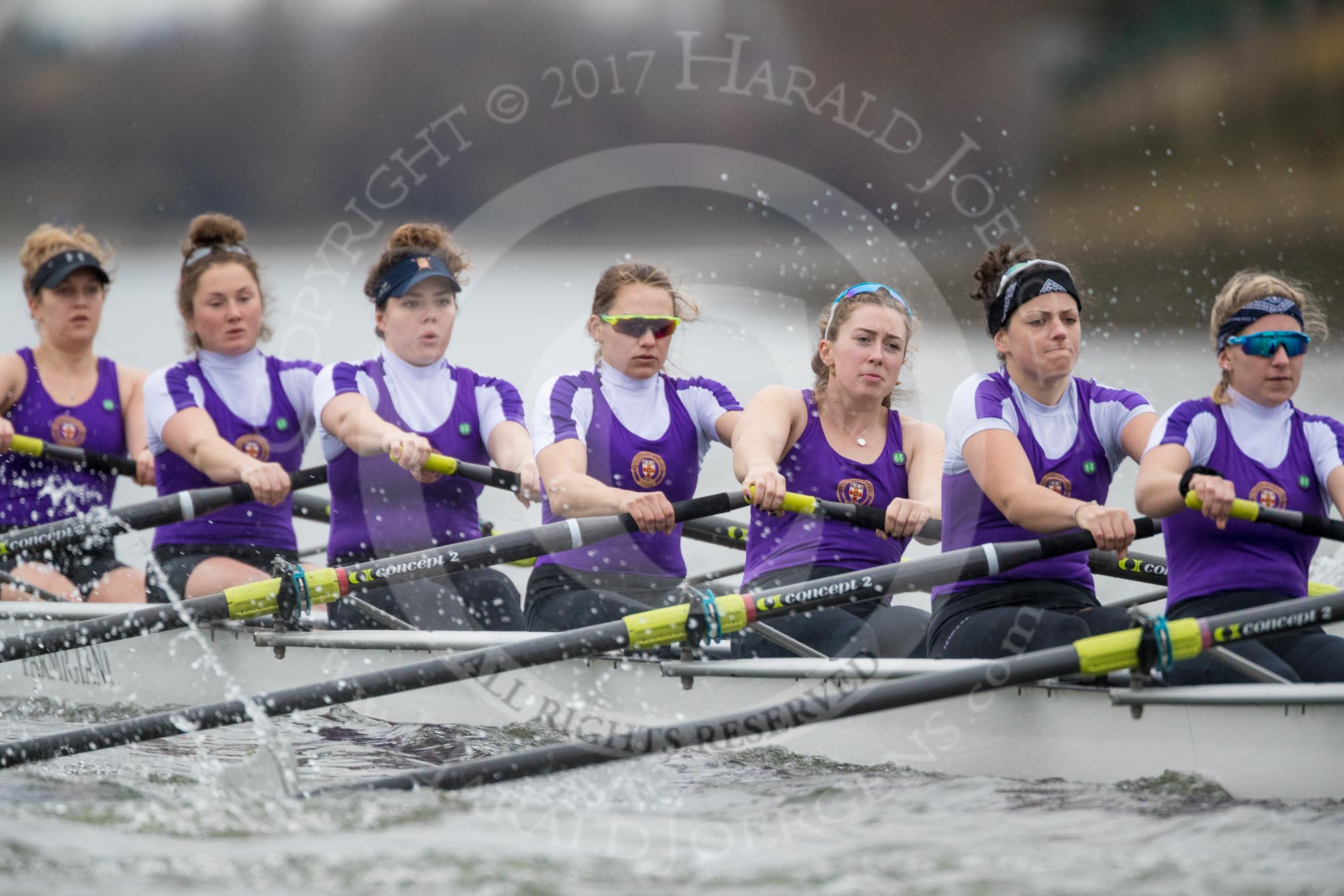 The Boat Race season 2017 - Women's Boat Race Fixture CUWBC vs Univerity of London: The UL eight at the start of the race,  bow - Emily Wilks, 2 - Catherine Ador, 3 - Fionnuala Gannon, 4 - Sara Parfett, 5 - Charlotte Hodgkins-Byrne, 6 - Georgia Stratham, 7 - Ally French.
River Thames between Putney Bridge and Mortlake,
London SW15,

United Kingdom,
on 19 February 2017 at 16:01, image #64