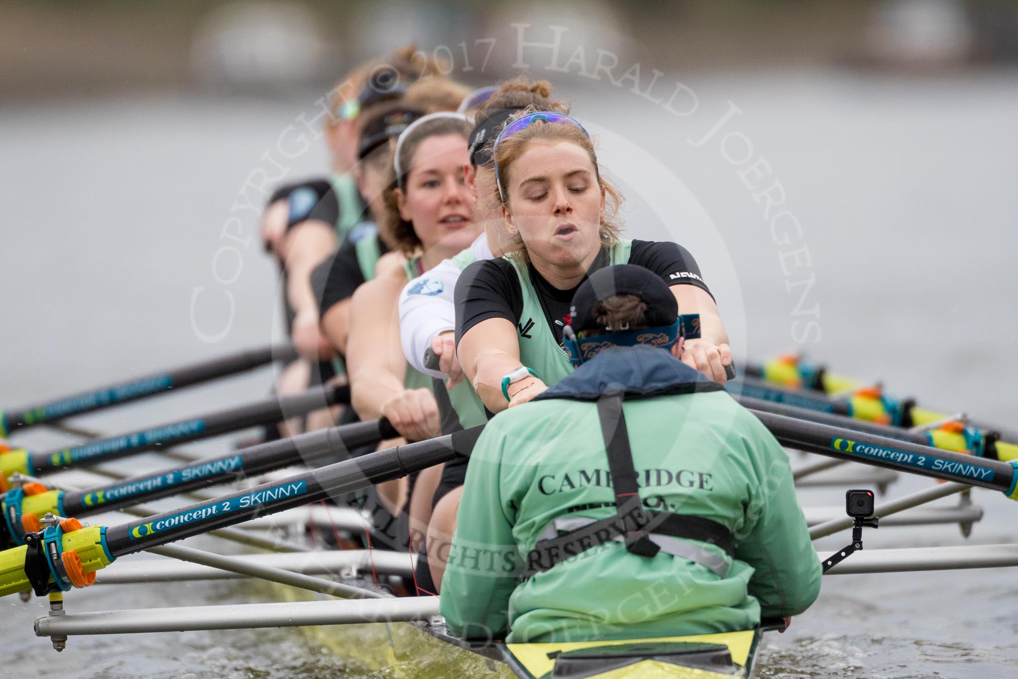 The Boat Race season 2017 - Women's Boat Race Fixture CUWBC vs Univerity of London: The CUWBC eight with bow - Claire Lambe, 2 - Kirsten Van Fosen, 3 - Ashton Brown, 4 - Imogen Grant, 5 - Holy Hill, 6 - Melissa Wilson, 7 - Myriam Goudet, stroke - Alice White, cox - Matthew Holland
. in focus Alice White.
River Thames between Putney Bridge and Mortlake,
London SW15,

United Kingdom,
on 19 February 2017 at 16:01, image #67