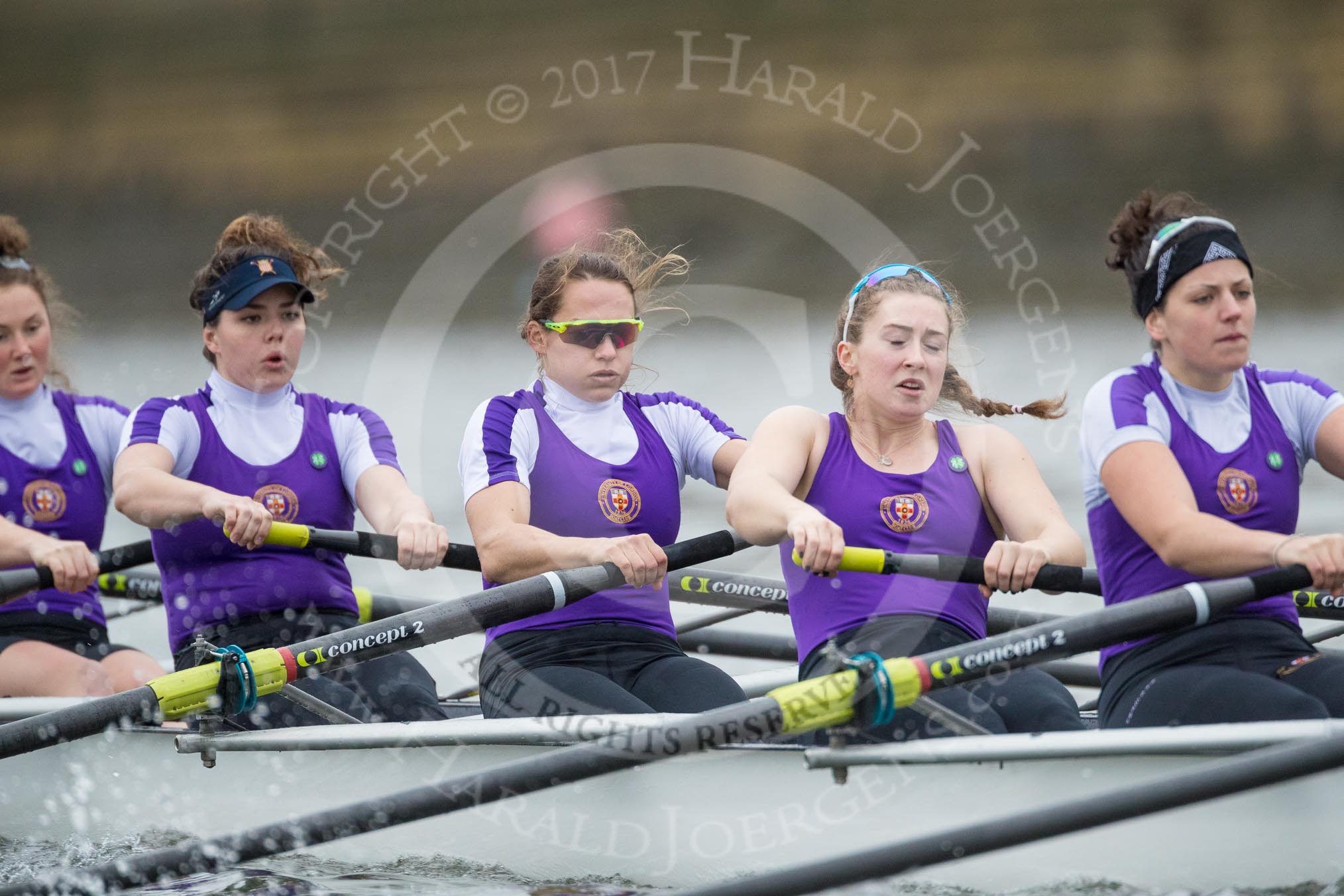 The Boat Race season 2017 - Women's Boat Race Fixture CUWBC vs Univerity of London: The UL eight, here 2 - Catherine Ador, 3 - Fionnuala Gannon, 4 - Sara Parfett, 5 - Charlotte Hodgkins-Byrne, 6 - Georgia Stratham.
River Thames between Putney Bridge and Mortlake,
London SW15,

United Kingdom,
on 19 February 2017 at 16:02, image #69